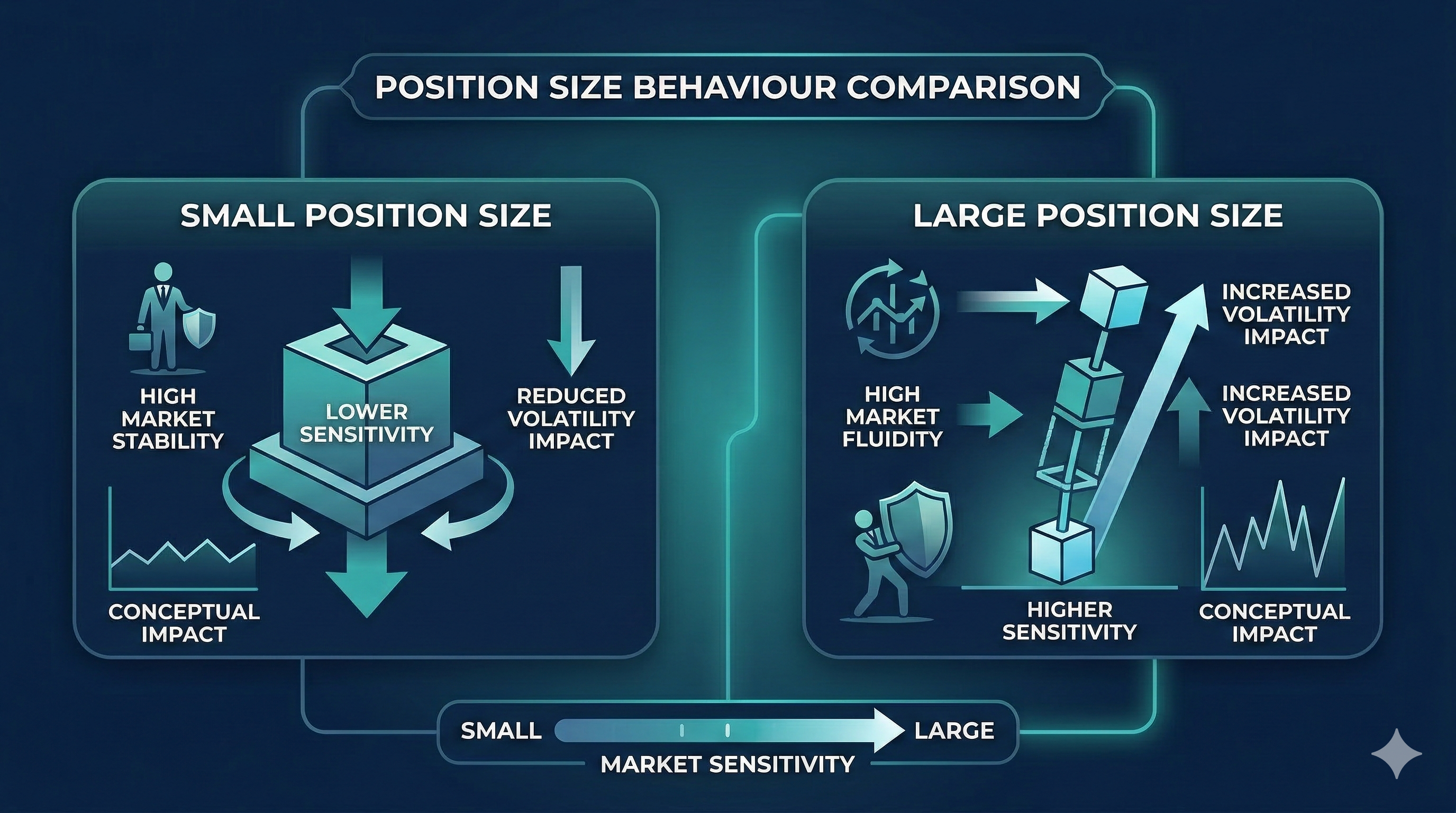position size comparison showing small vs large position size impact on market sensitivity, volatility exposure, and trading behaviour