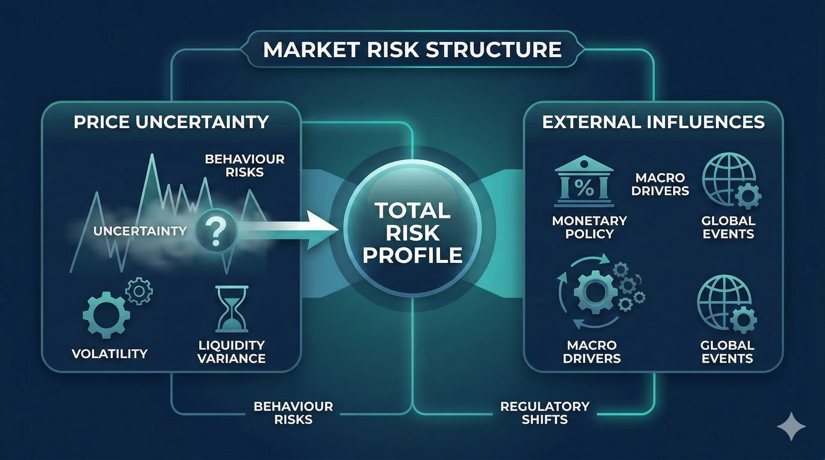 market risk structure showing price uncertainty, volatility, liquidity variance, behavioural risks, and external macro influences in financial markets