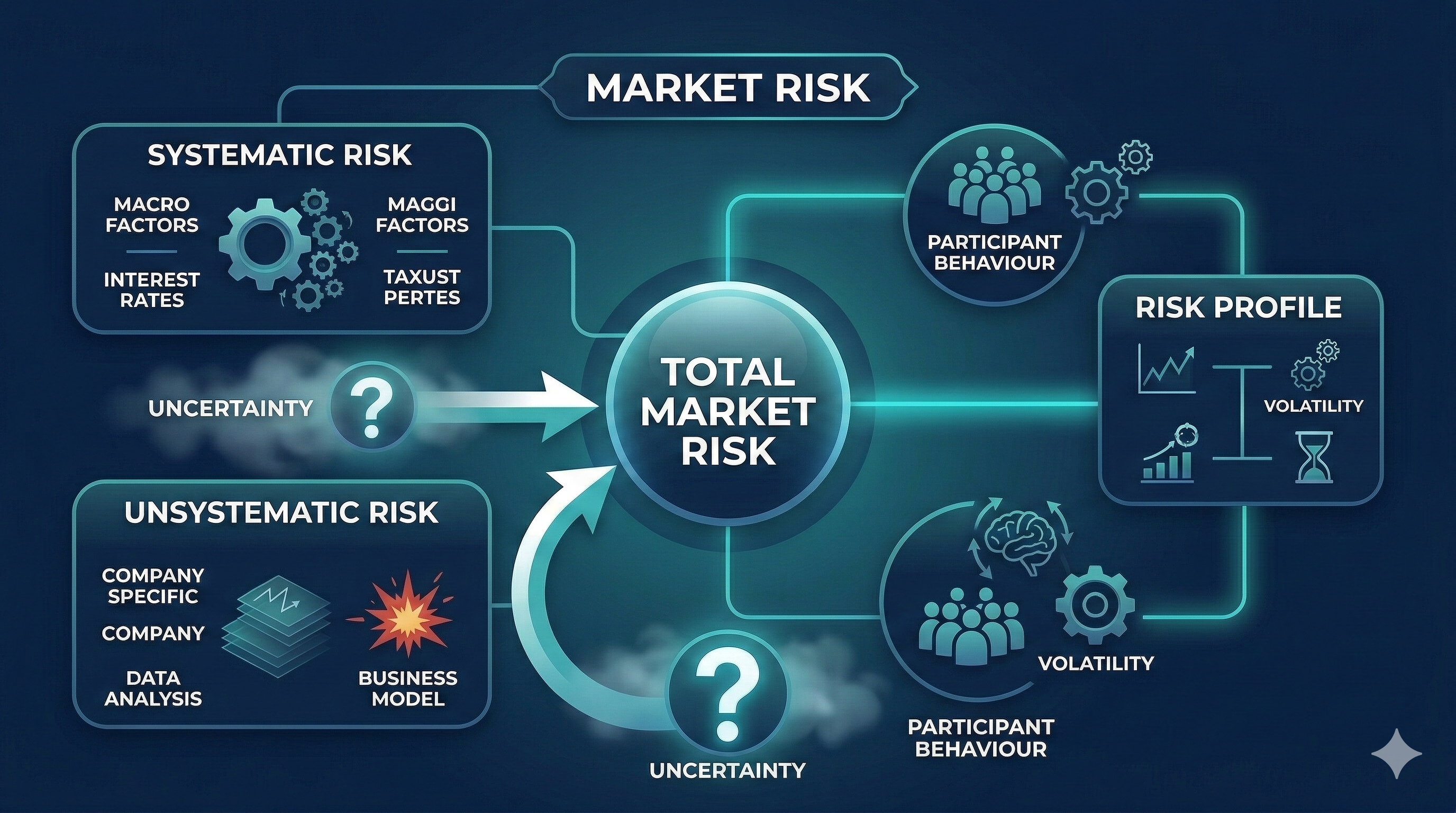 market risk structure showing systematic and unsystematic risk, participant behaviour, volatility, and uncertainty in financial markets