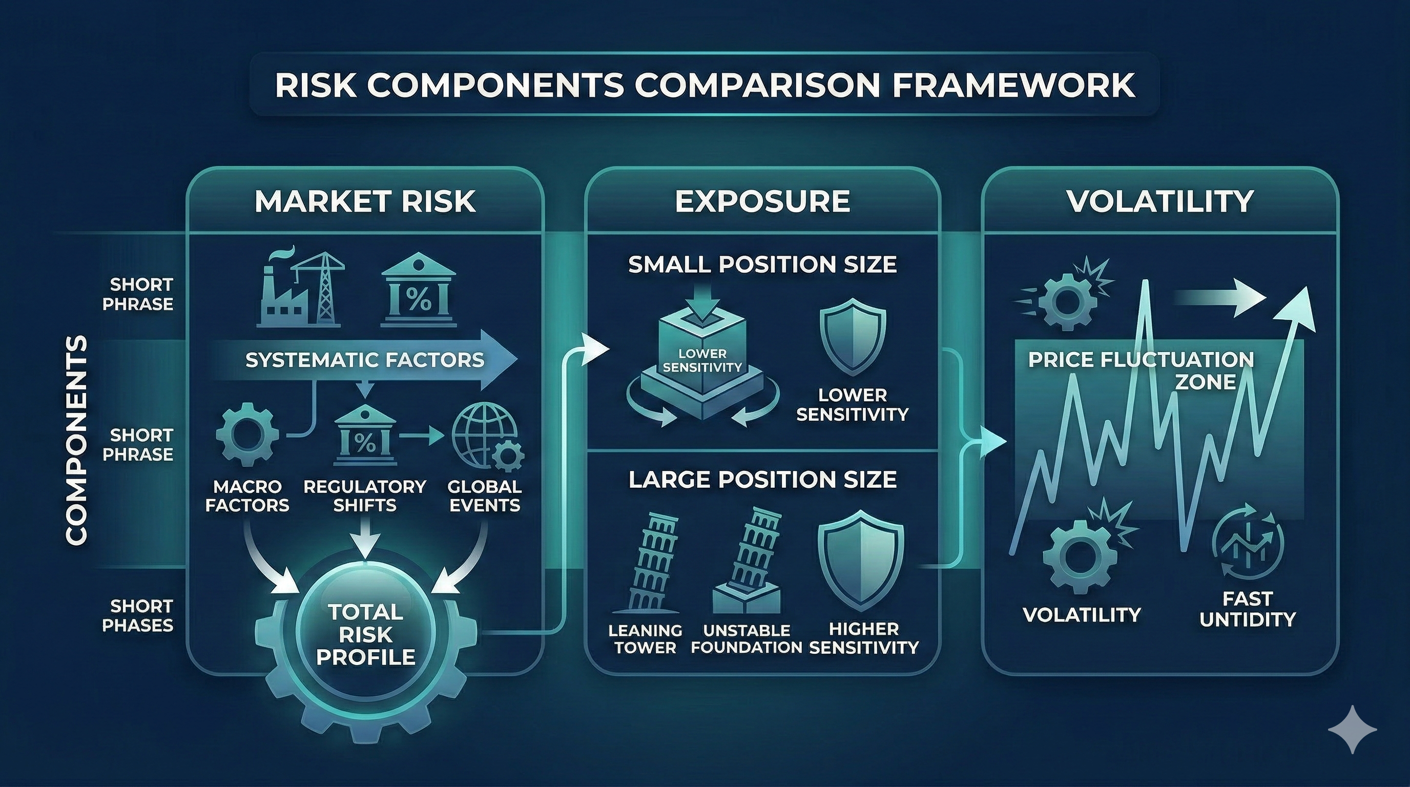 risk components comparison showing market risk factors, position size exposure, and volatility impact on price fluctuation and sensitivity