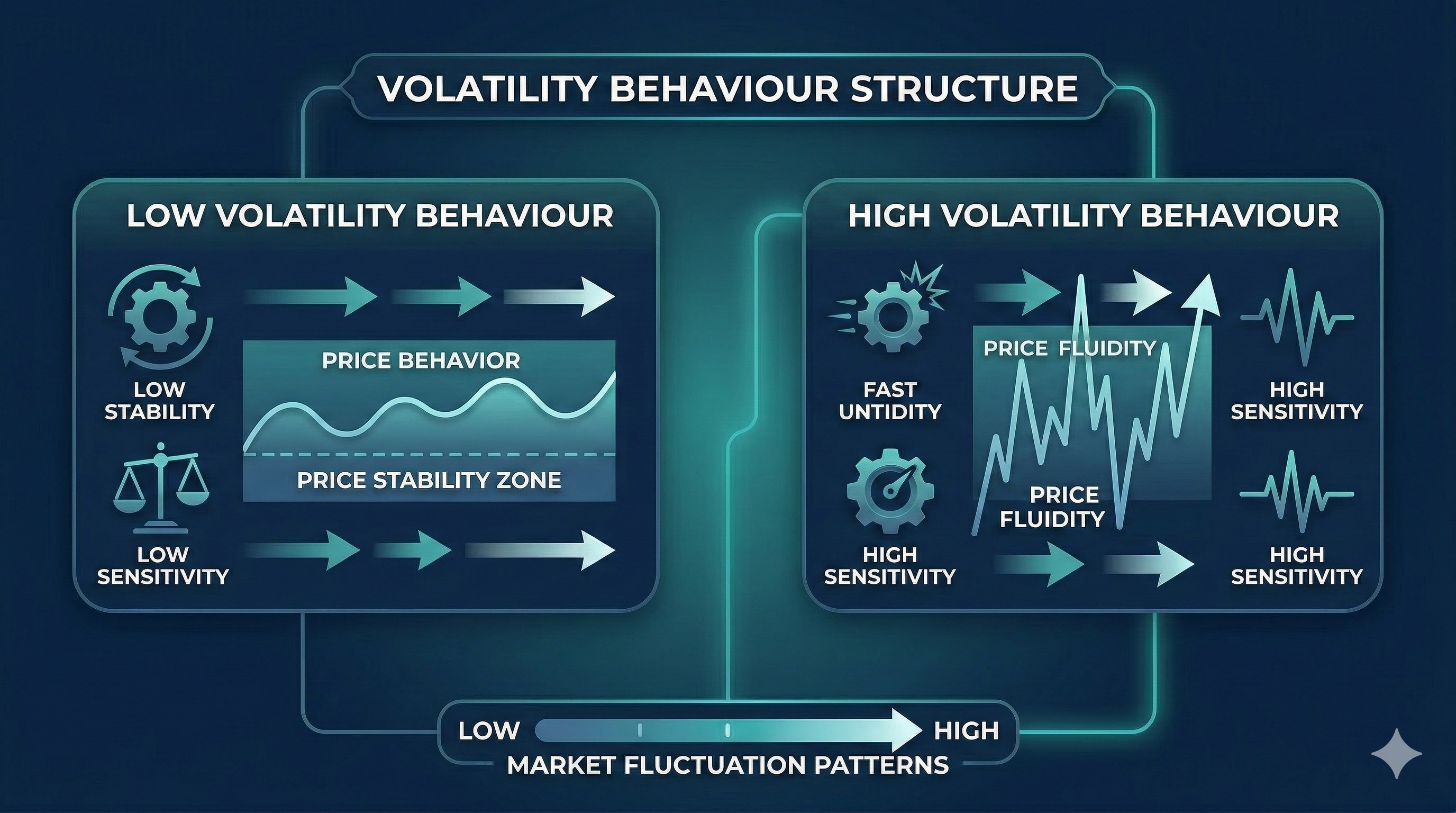 volatility behaviour comparison showing low vs high volatility impact on price movement, stability, and market sensitivity