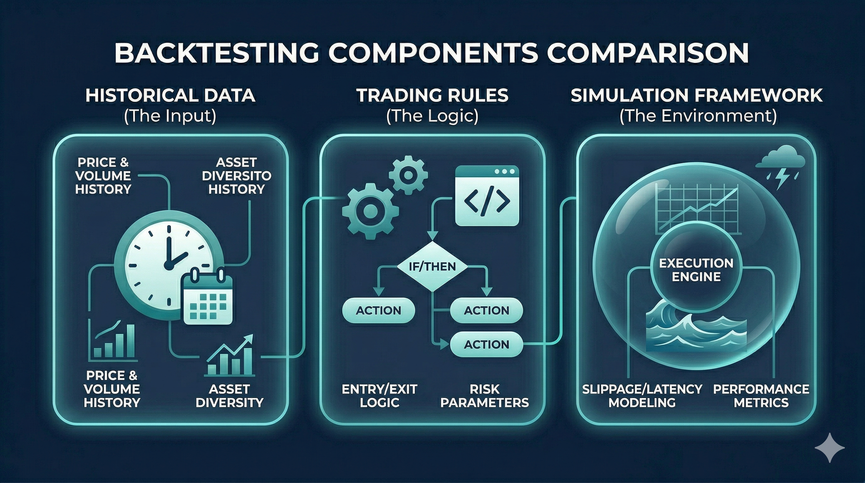 Diagram showing historical data, trading rules flowchart, and execution engine with charts, time, and performance metrics 