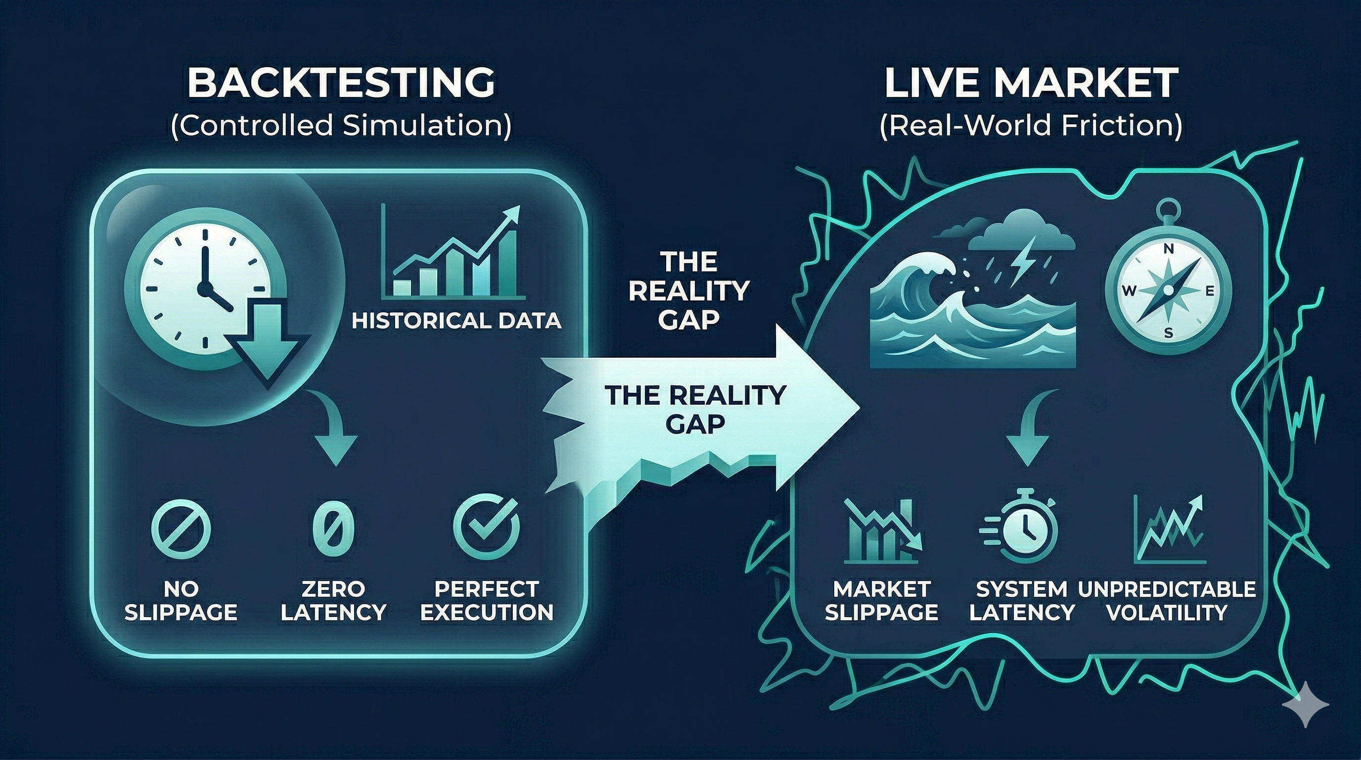 Diagram comparing backtesting with historical data and live market with volatility, slippage, and latency icons 