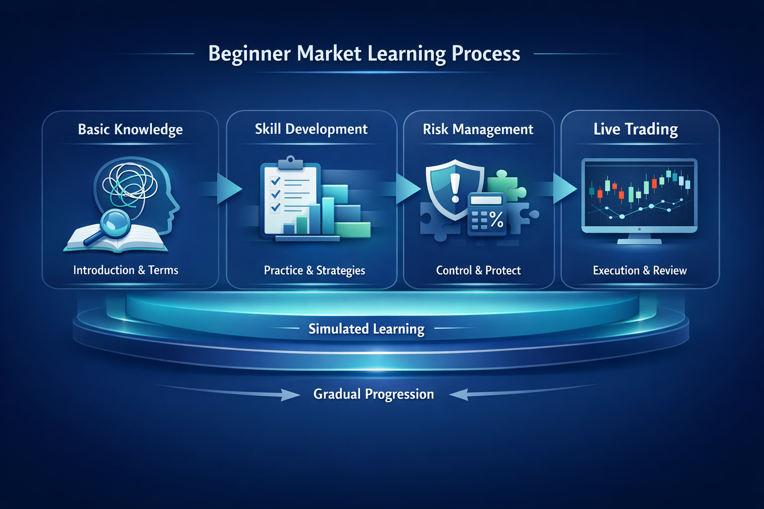 Diagram showing steps of learning with icons for knowledge, practice, risk management, and trading screen with charts and arrows 
