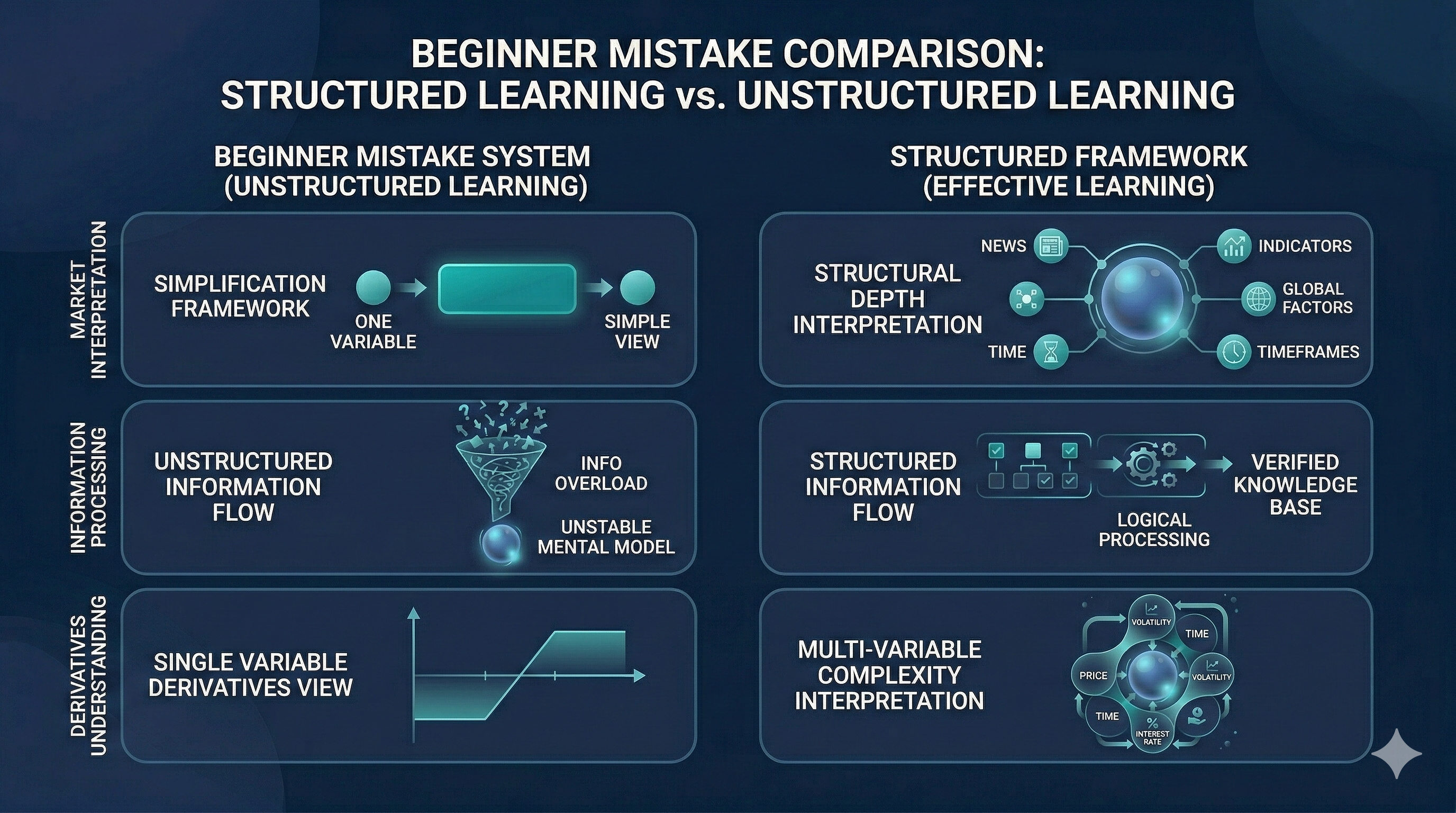 Comparison diagram of structured vs unstructured learning with charts, flow blocks, funnel icons, and multi-variable system visuals 