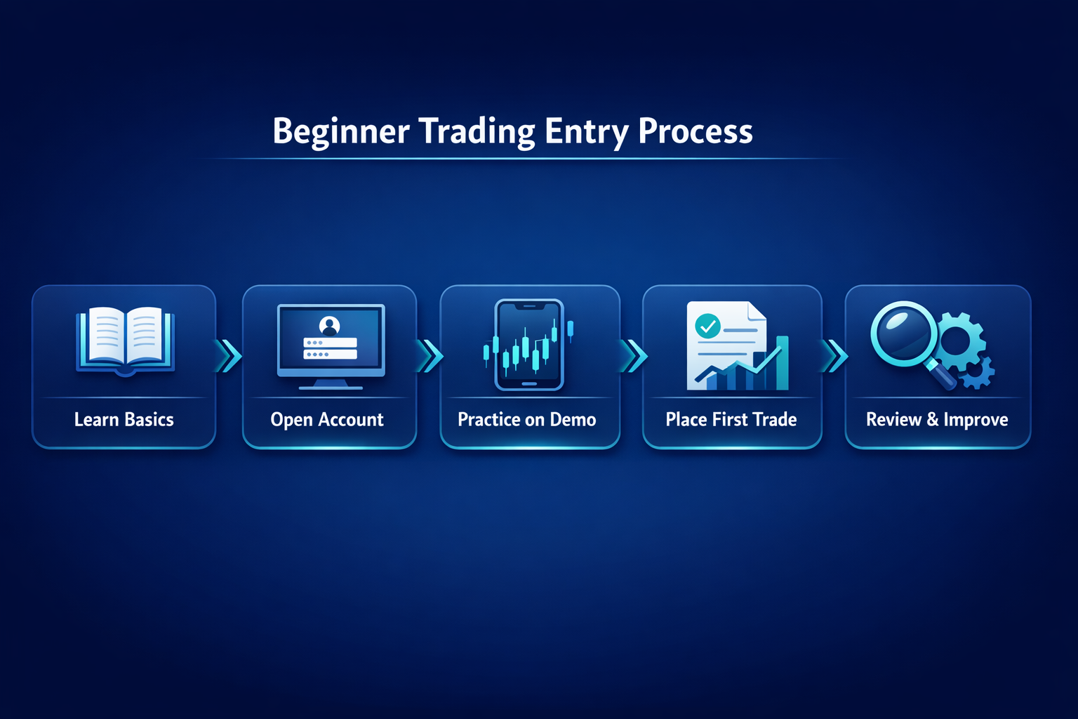Diagram showing steps learn basics, open account, demo trading, first trade, and review with icons and arrows