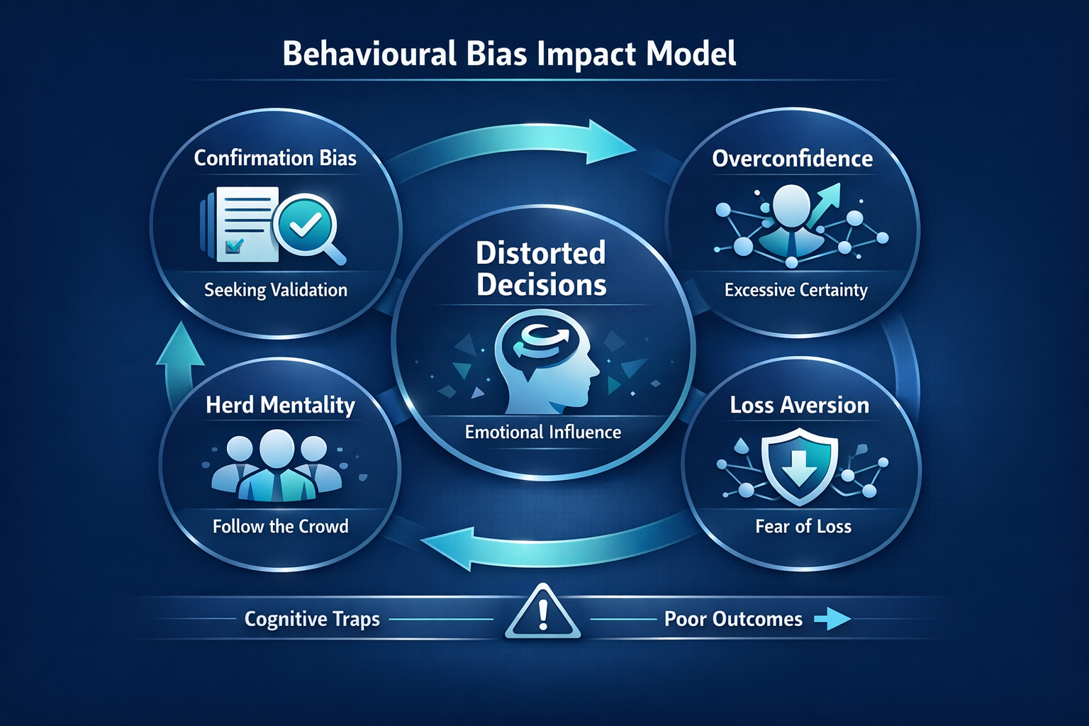 Diagram showing confirmation bias, overconfidence, herd mentality, and loss aversion around a central decision circle with arrows 