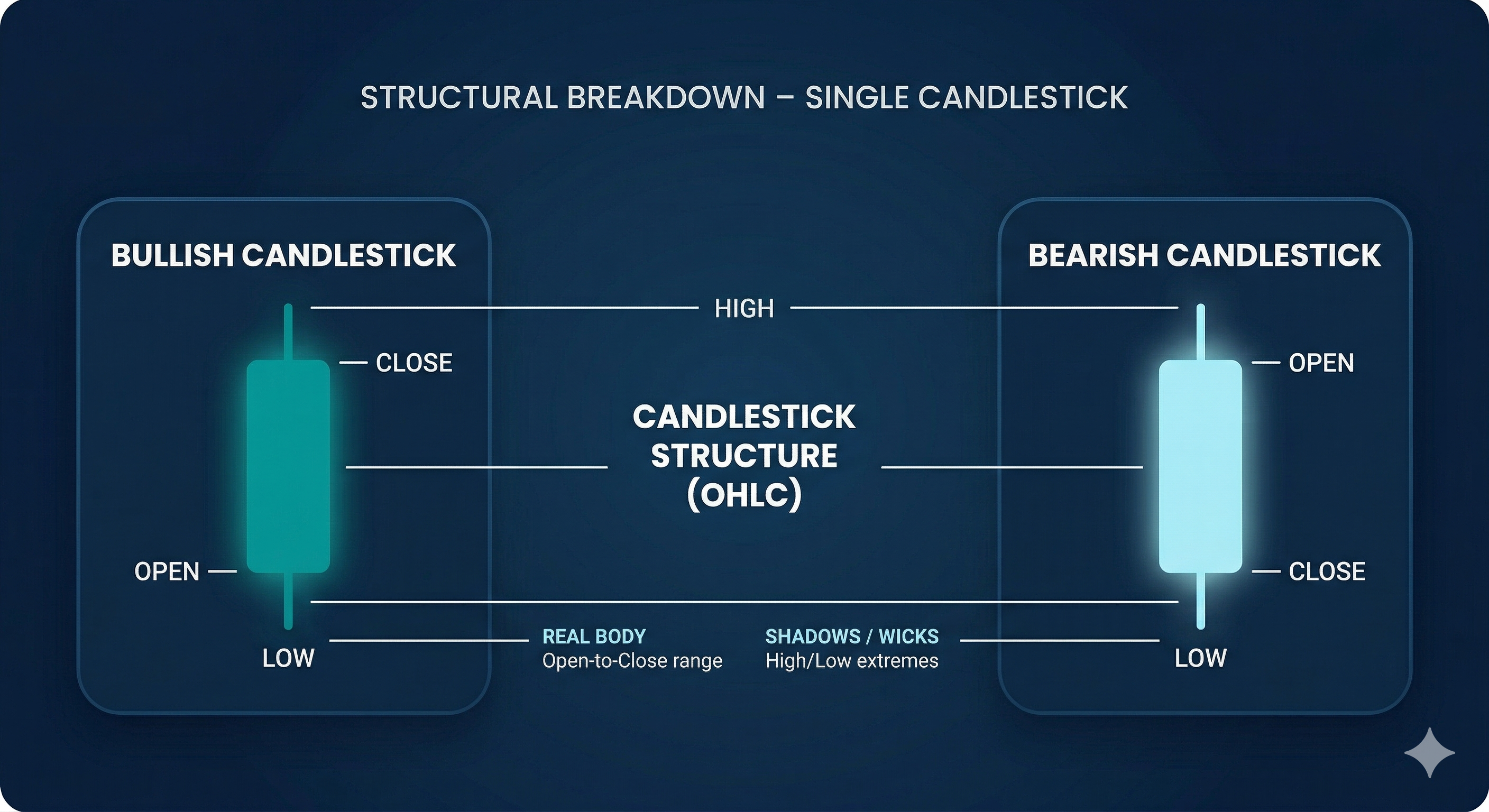 Diagram of bullish and bearish candlestick showing open, close, high, low, body, and wicks in price chart format