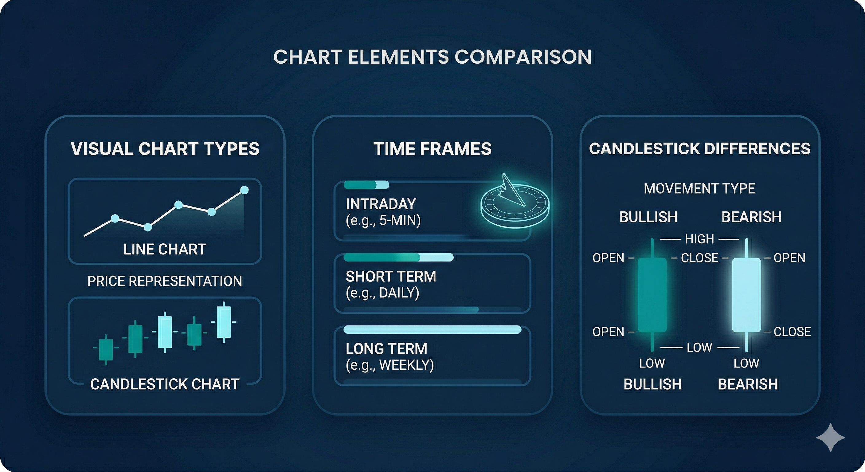 Diagram comparing line chart and candlestick chart, time frames, and bullish bearish candles with open high low close labels