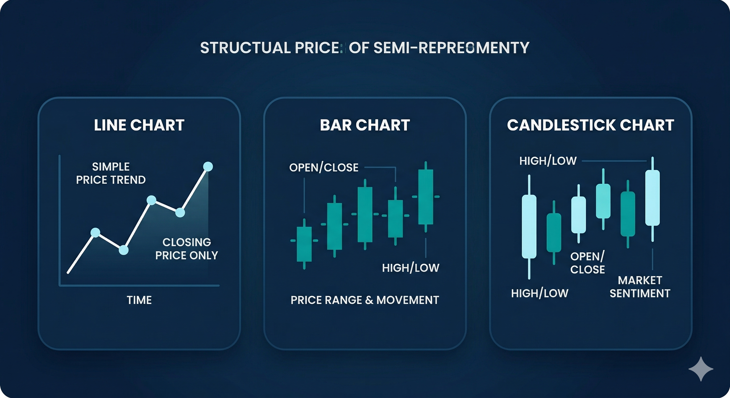 Diagram showing line chart, bar chart, candlestick chart, and Renko chart with price movement and open high low close labels 