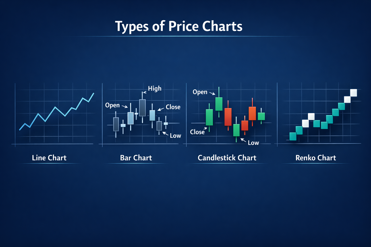 Diagram comparing line chart, bar chart, and candlestick chart with price trend, open close, and high low elements