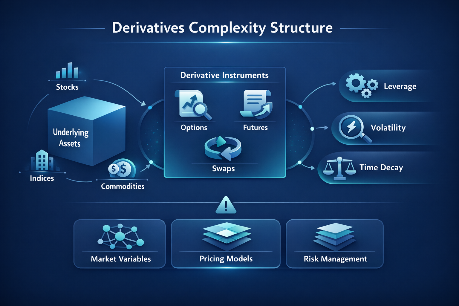 Diagram showing underlying assets, derivative instruments, and factors like leverage, volatility, and time decay with flow arrows 