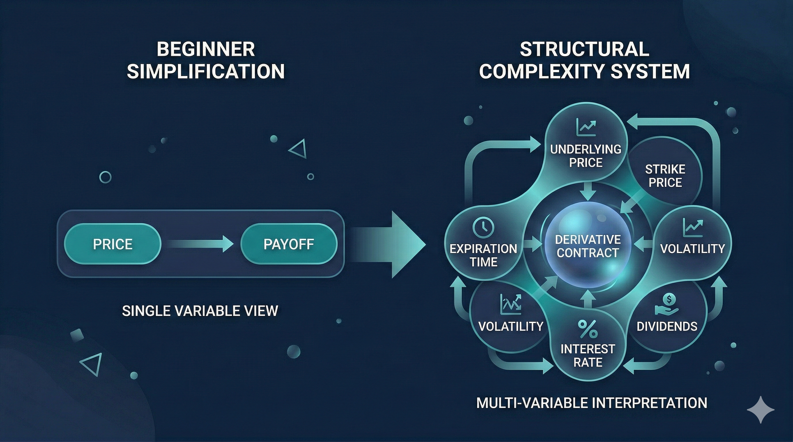 Comparison diagram showing price to payoff flow versus multi-variable derivative contract with arrows and connected components 