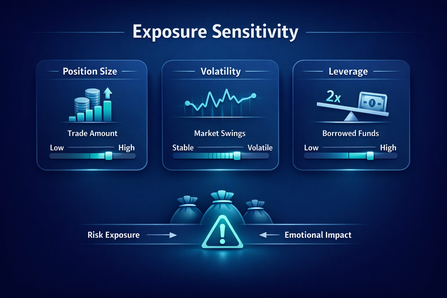 Diagram showing position size, volatility, and leverage with sliders and icons linked to risk exposure and emotional impact 