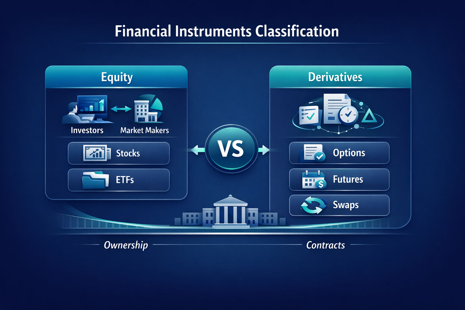 Diagram comparing equity and derivatives with charts, icons, and labels for stocks, ETFs, options, futures, and swaps 