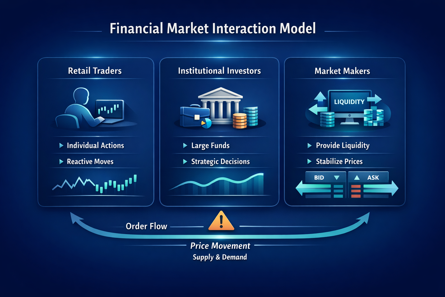 Diagram showing retail traders, institutional investors, and market makers with charts, liquidity screen, and order flow arrows 