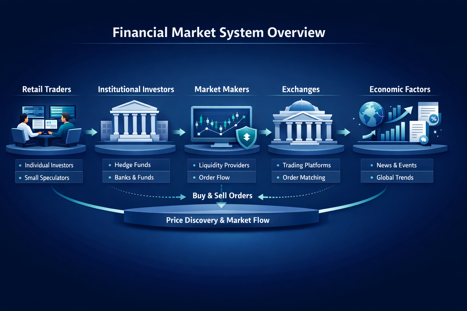 Diagram showing traders, institutions, market makers, exchanges, and economic factors with arrows, charts, and order flow connections 