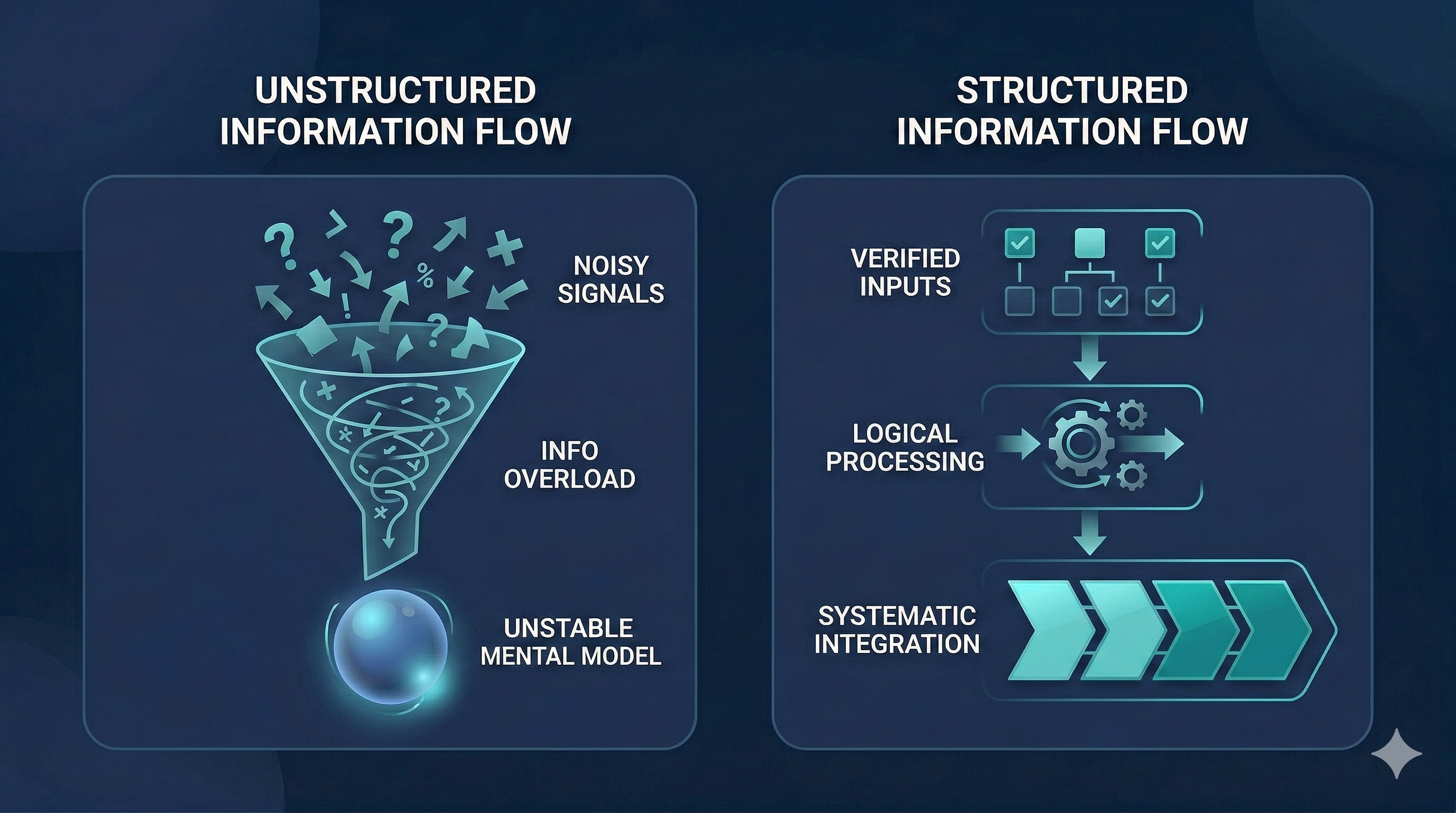 Comparison diagram of unstructured vs structured information flow with funnel, symbols, arrows, and step-by-step process blocks