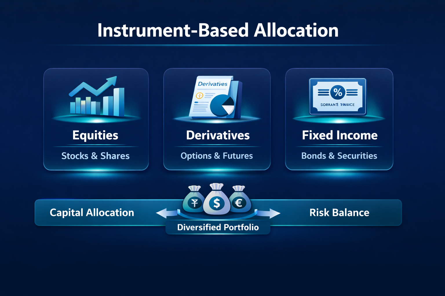 Diagram showing equities, derivatives, and fixed income categories with icons and arrows linking capital allocation and risk balance