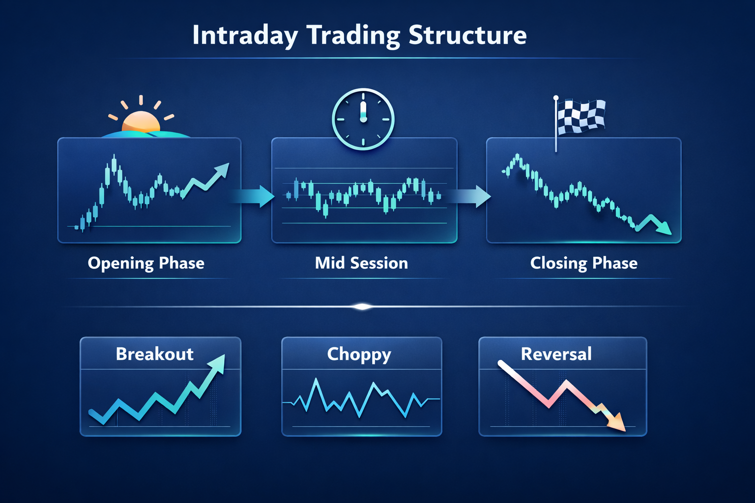 Diagram showing intraday trading phases with charts for opening, mid session, and closing, plus breakout, choppy, and reversal patterns