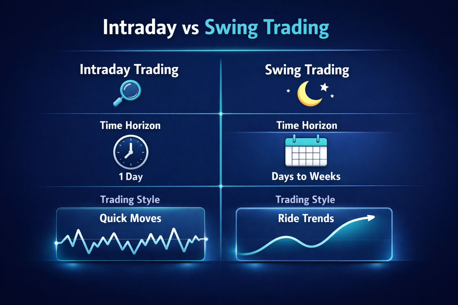 Comparison chart showing intraday and swing trading with time horizon, quick moves, and trend charts