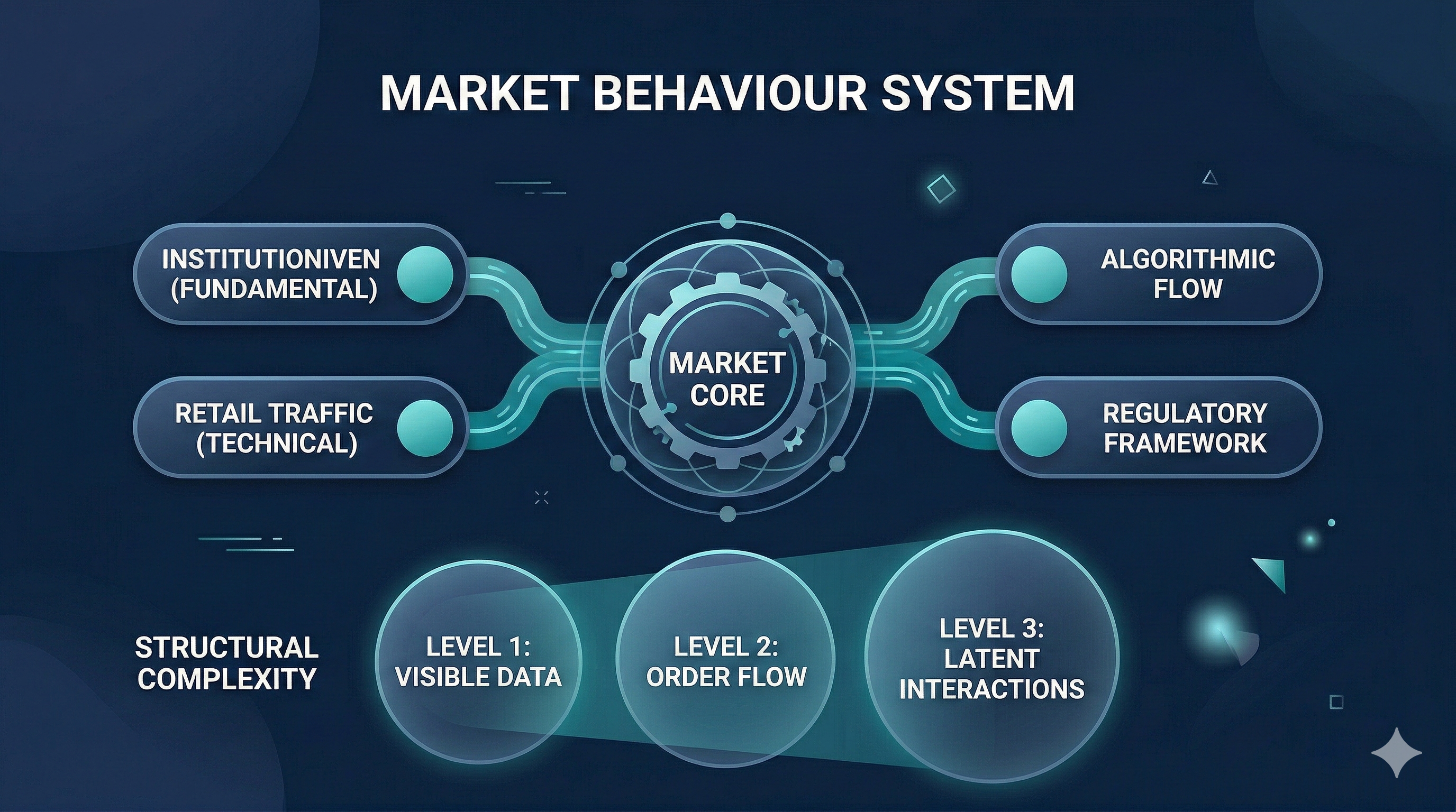 Market behaviour system diagram with market core, institutional and retail flow, algorithmic flow, and layered data levels 
