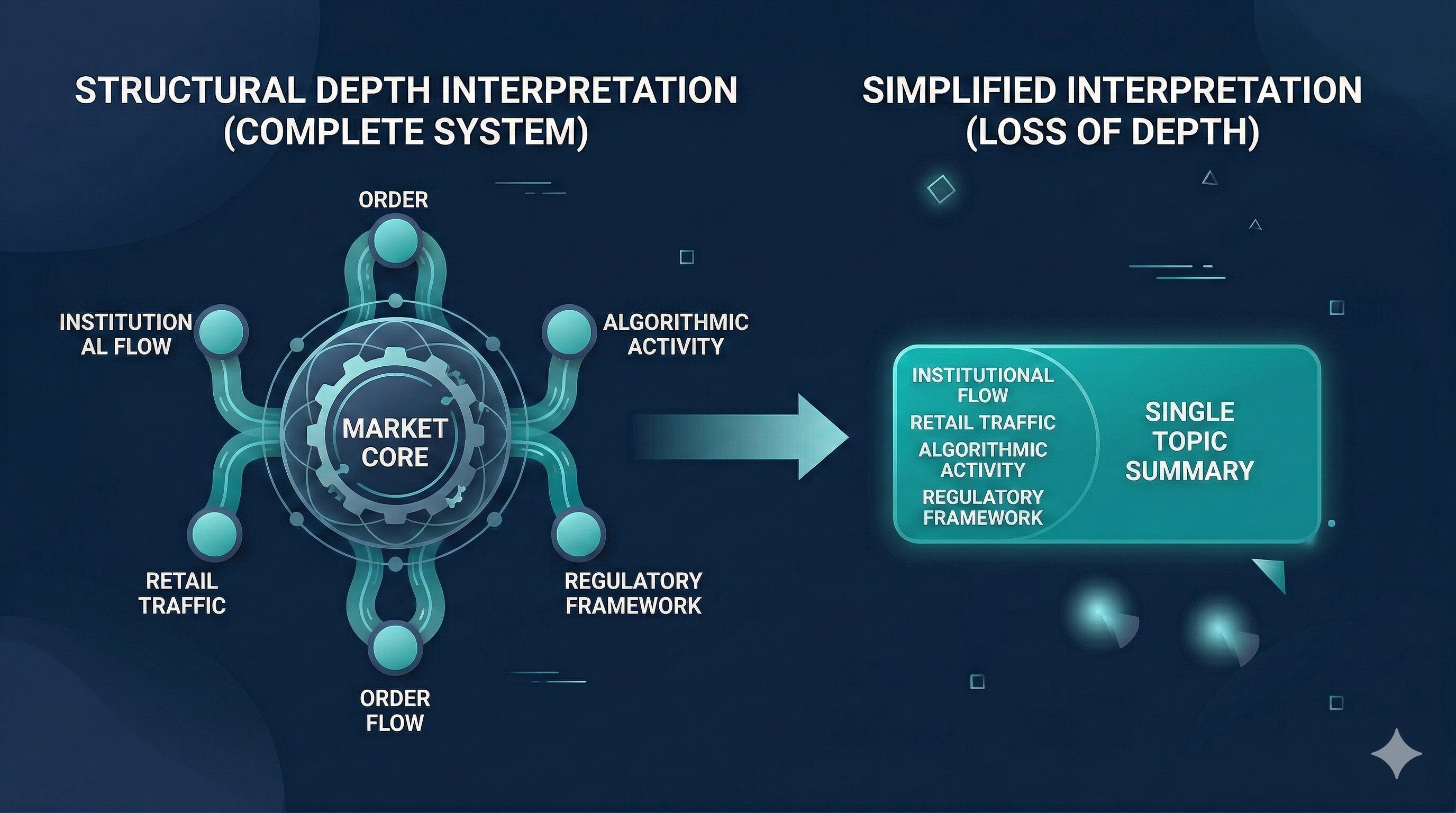 Market core diagram with institutional flow, retail traffic, order flow, and simplified summary comparison with arrow