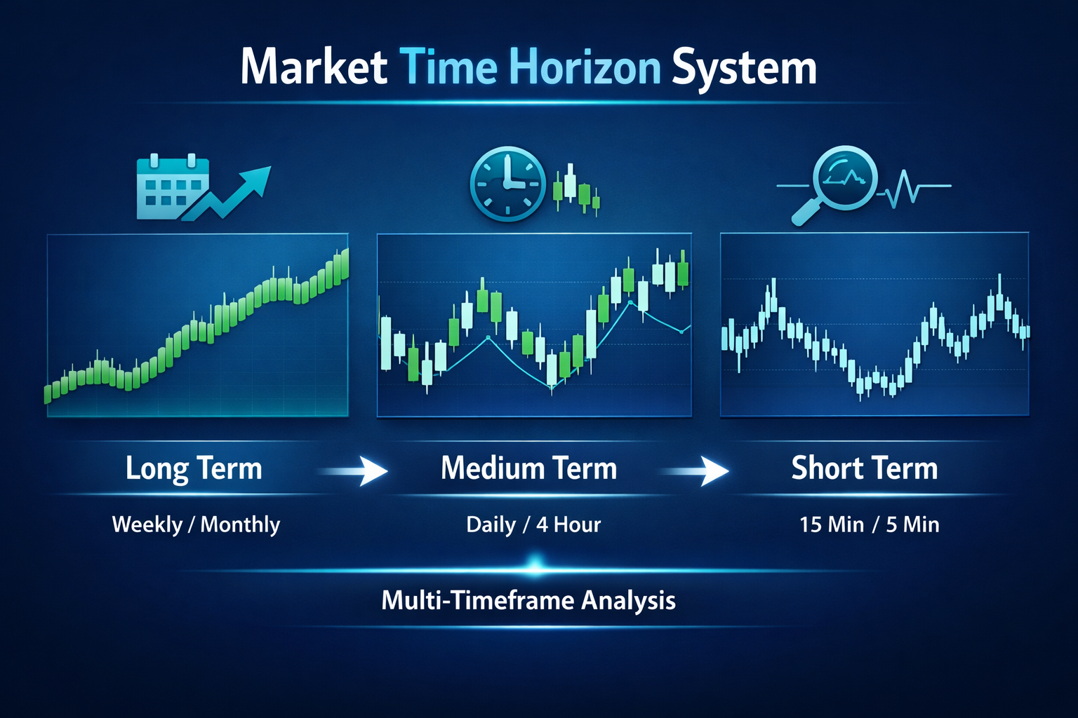 Three chart panels showing long term, medium term, and short term price movement with arrows and timeframe labels