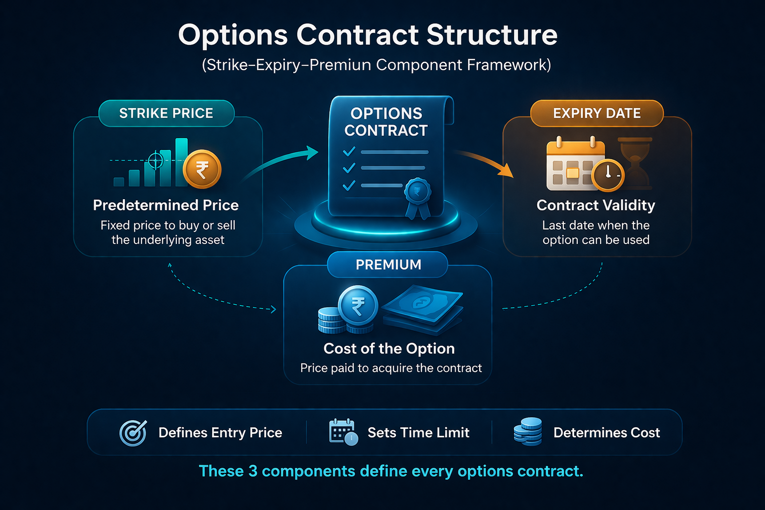 Diagram showing options contract with strike price, expiry date, and premium labels connected to a chart document