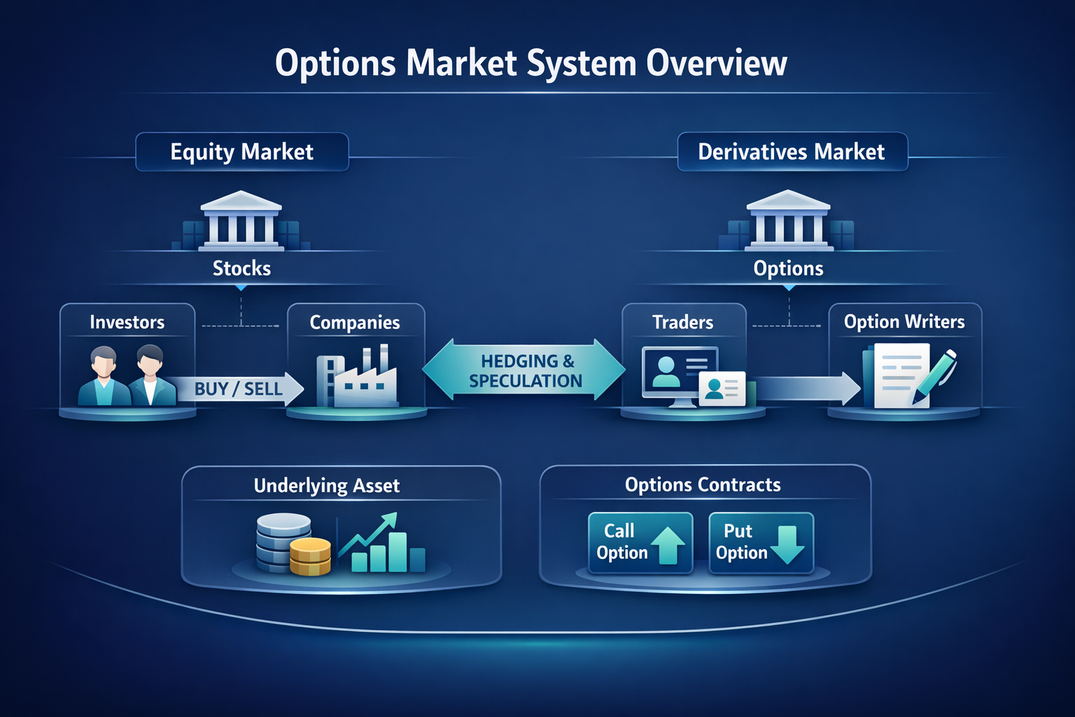 Diagram showing equity and options markets with investors, traders, contracts, arrows, and call and put option icons 