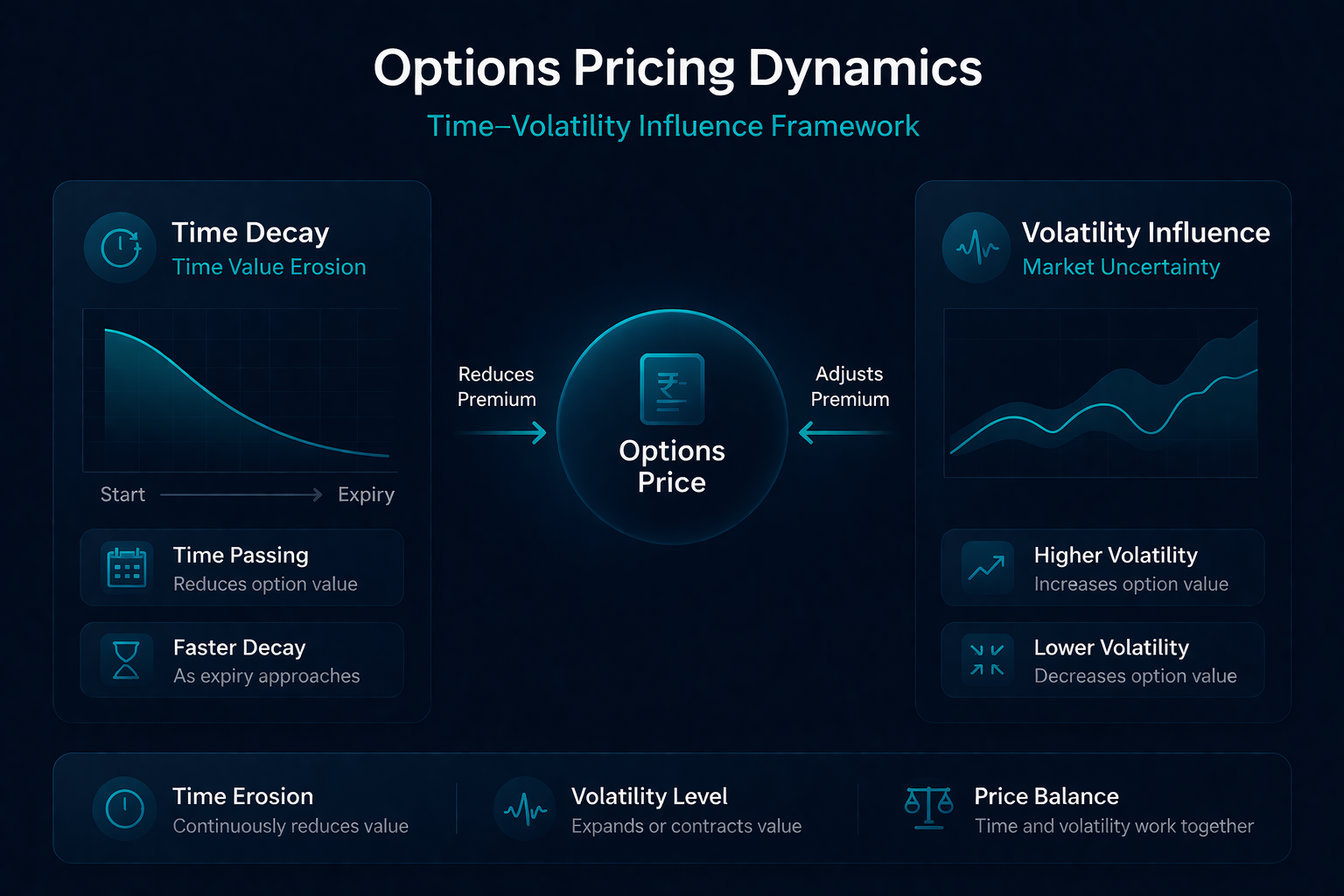 Diagram showing options price affected by time decay curve and volatility graph with arrows indicating premium changes