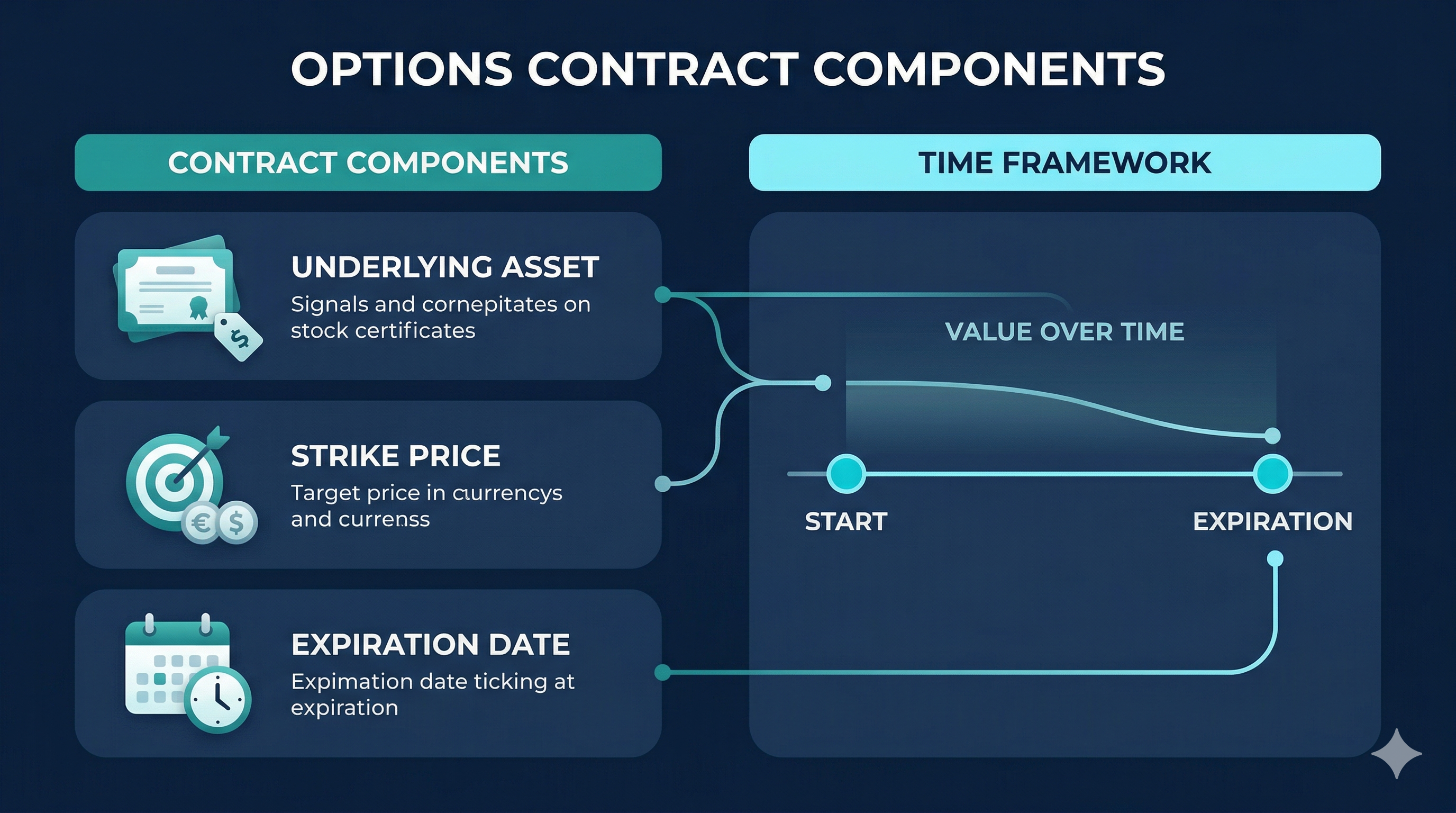 Diagram showing options contract components with underlying asset, strike price, expiration date, and value over time chart 