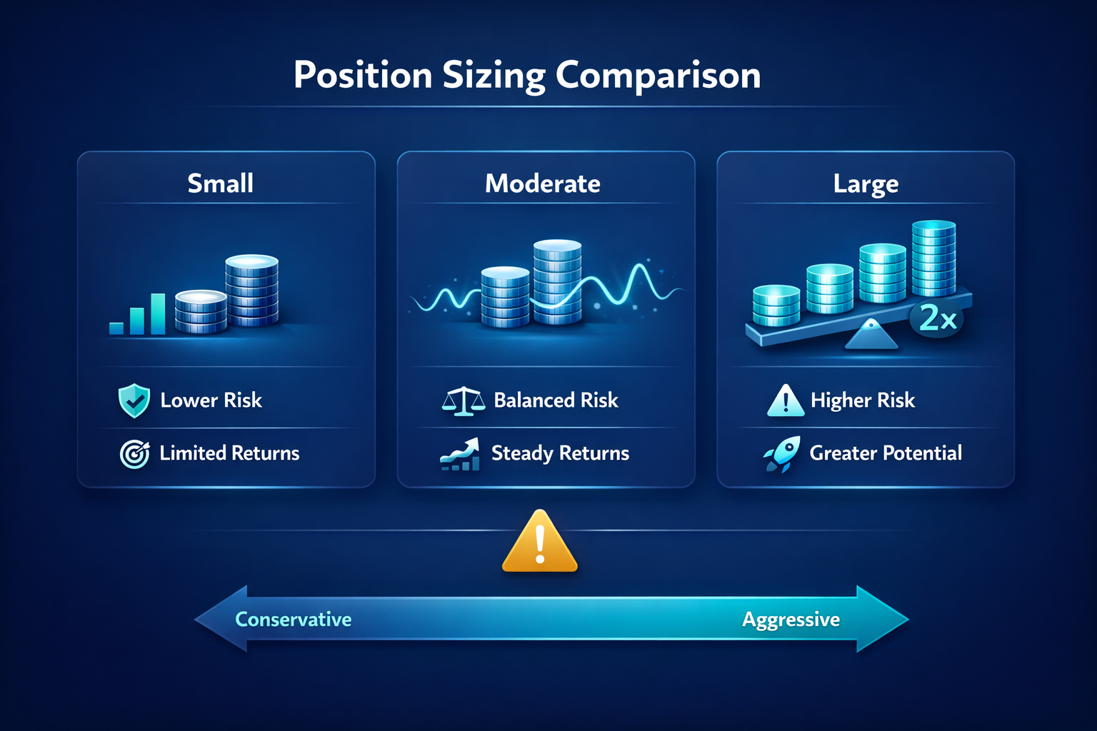 Diagram showing small, moderate, and large position sizes with coins, risk labels, and a conservative to aggressive scale 