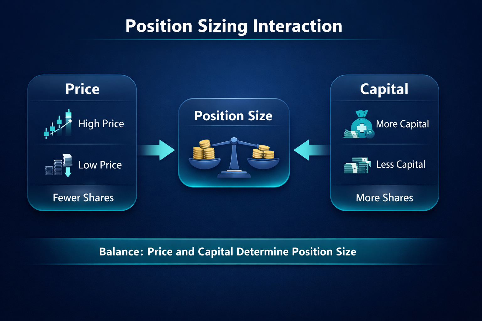 Diagram showing price and capital affecting position size with balance scale and labels for high price low price and shares 
