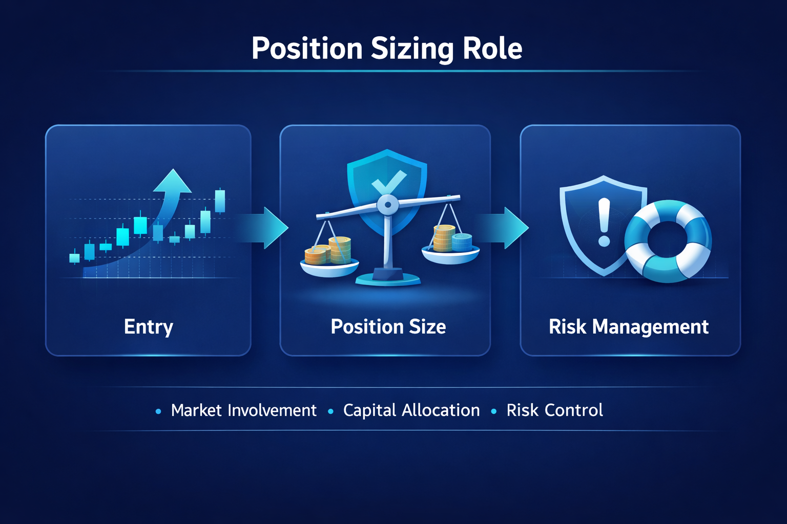 Diagram showing entry chart, position size balance scale, and risk management shield connected in trading process flow 