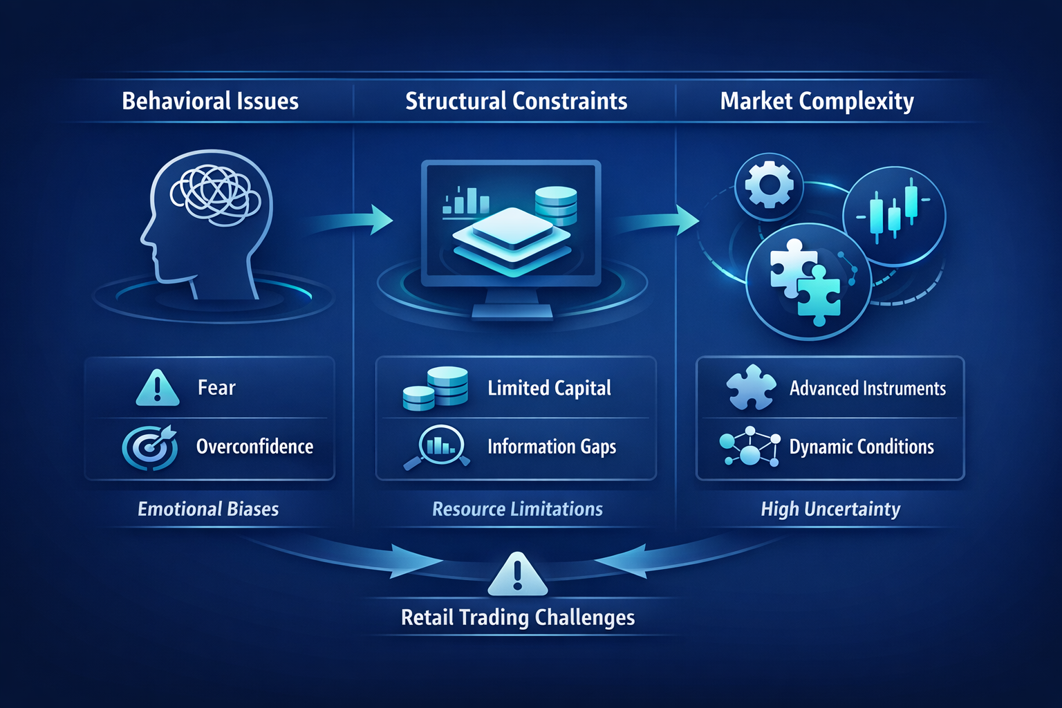 Diagram showing behavioral issues, structural constraints, and market complexity with icons, charts, and arrows linking sections