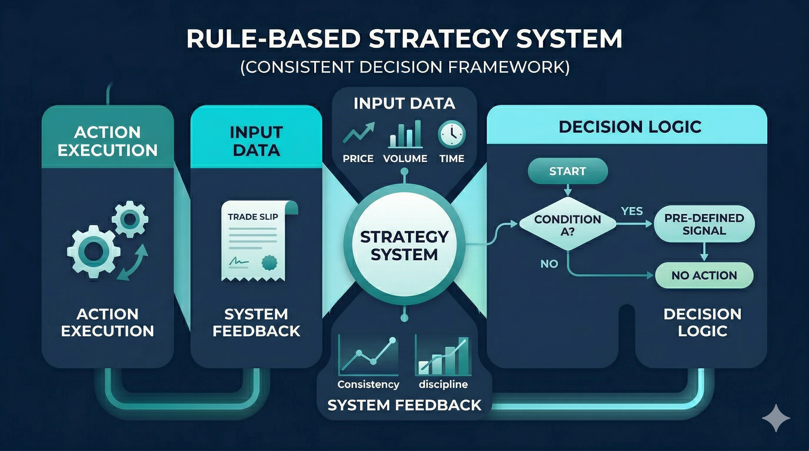 Diagram showing input data, decision flowchart, system feedback, and action execution with price, volume, and time icons