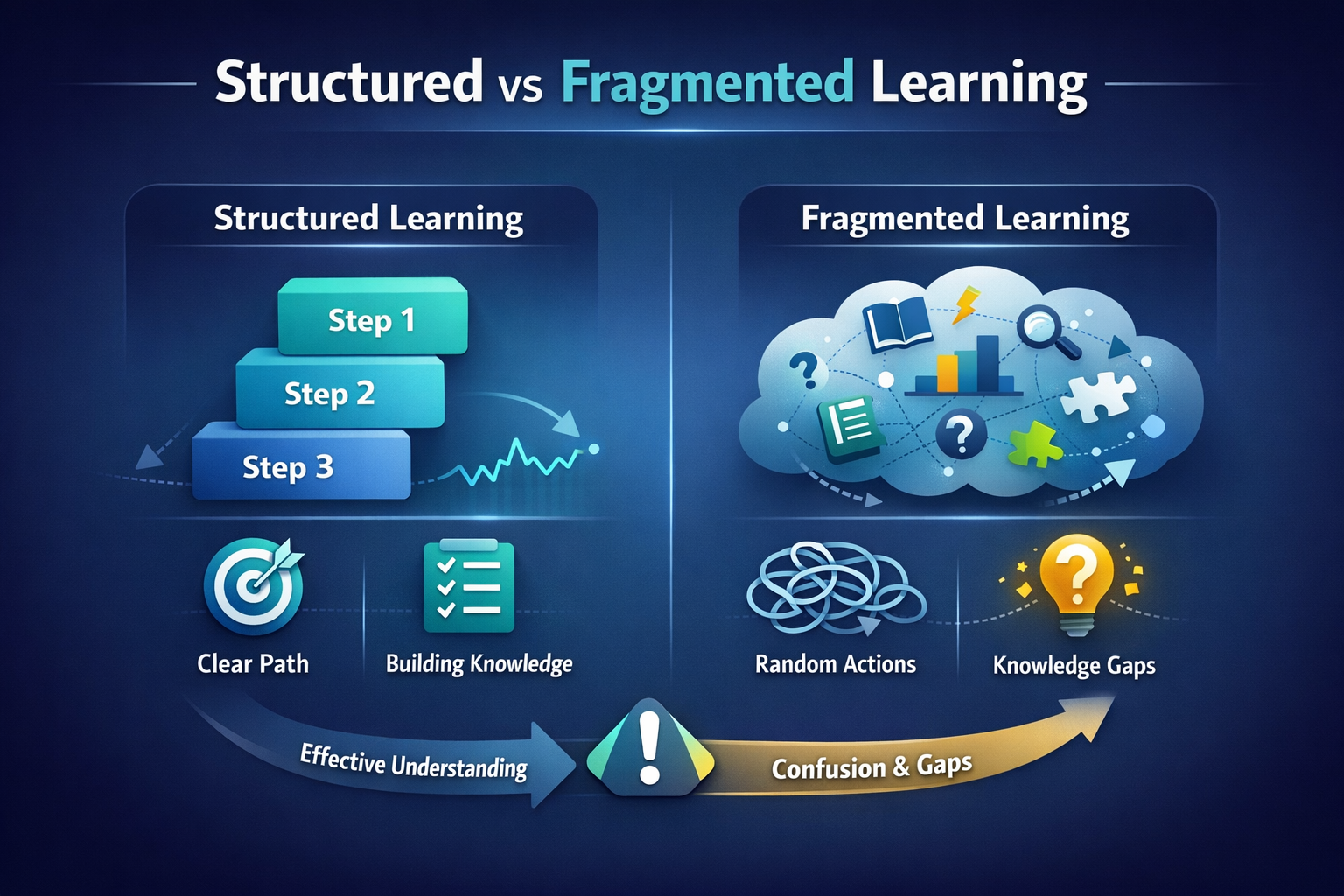 Diagram comparing structured steps and fragmented icons with charts, checklist, question marks, and arrows showing learning paths 