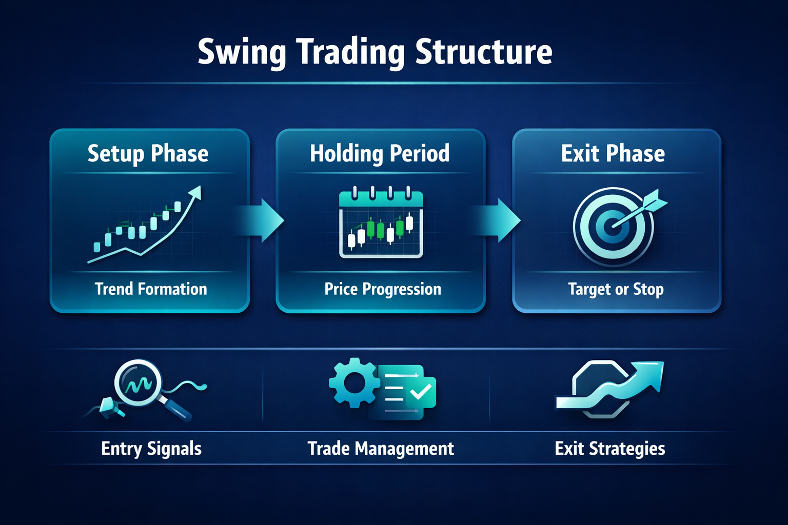 Diagram showing swing trading phases with charts for setup, holding period, and exit, plus entry signals and trade management icons