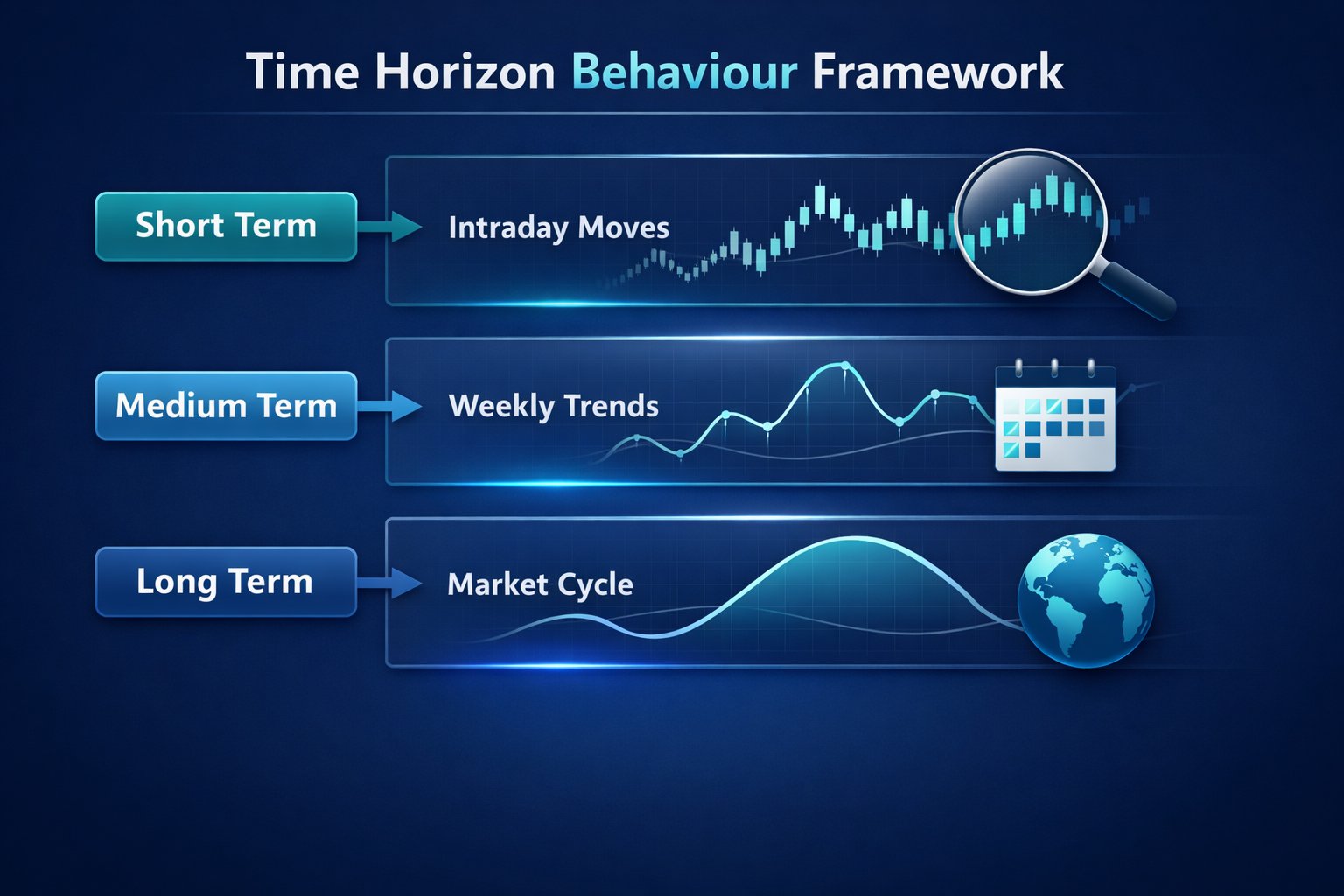 Diagram showing short, medium, and long term charts with labels intraday moves, weekly trends, and market cycle