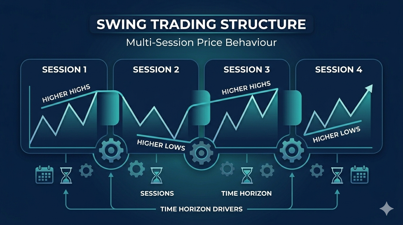 Swing trading structure diagram showing multi-session price charts with higher highs and higher lows across four sessions
