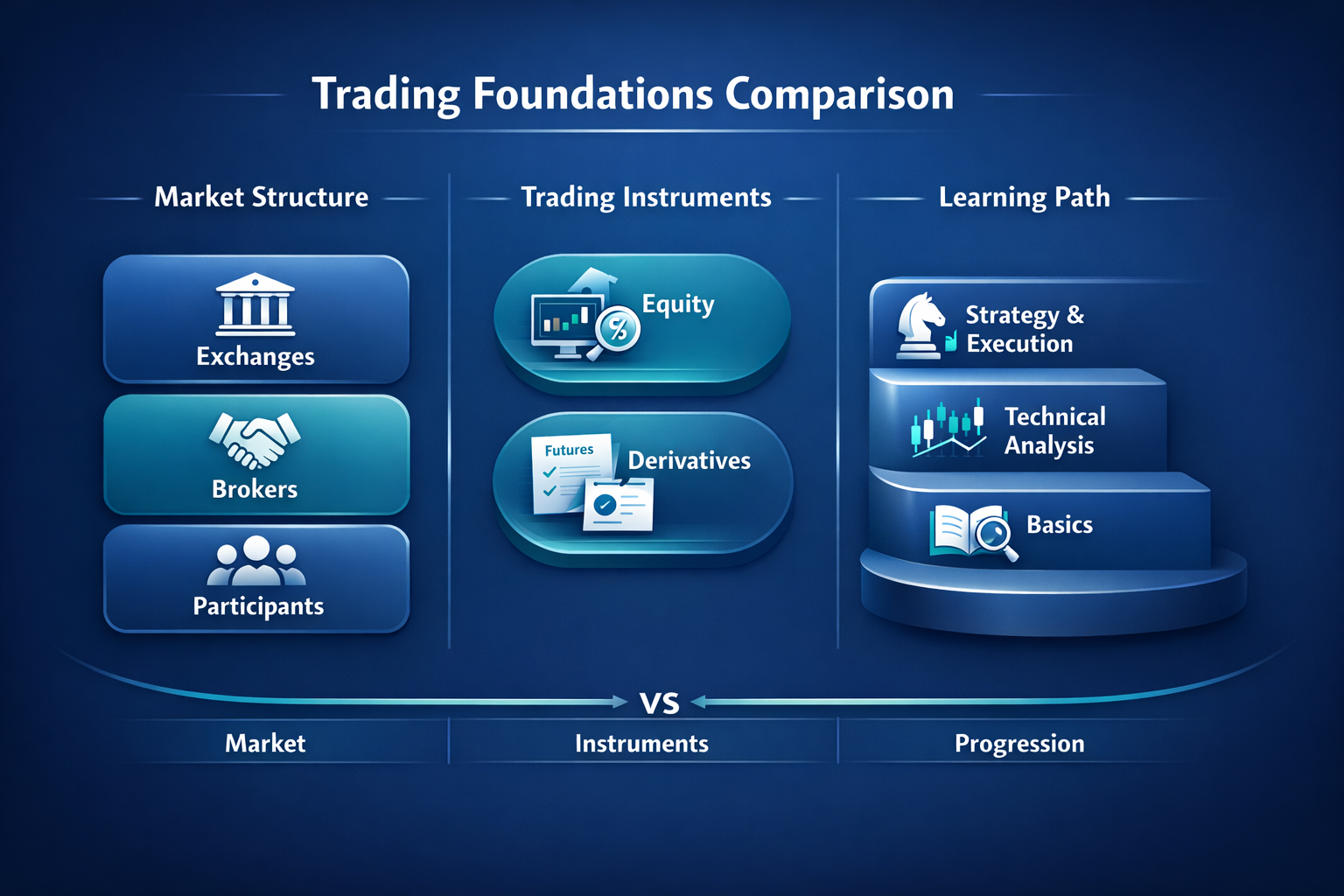 Diagram showing market structure, trading instruments, and learning path with icons, charts, and labeled sections