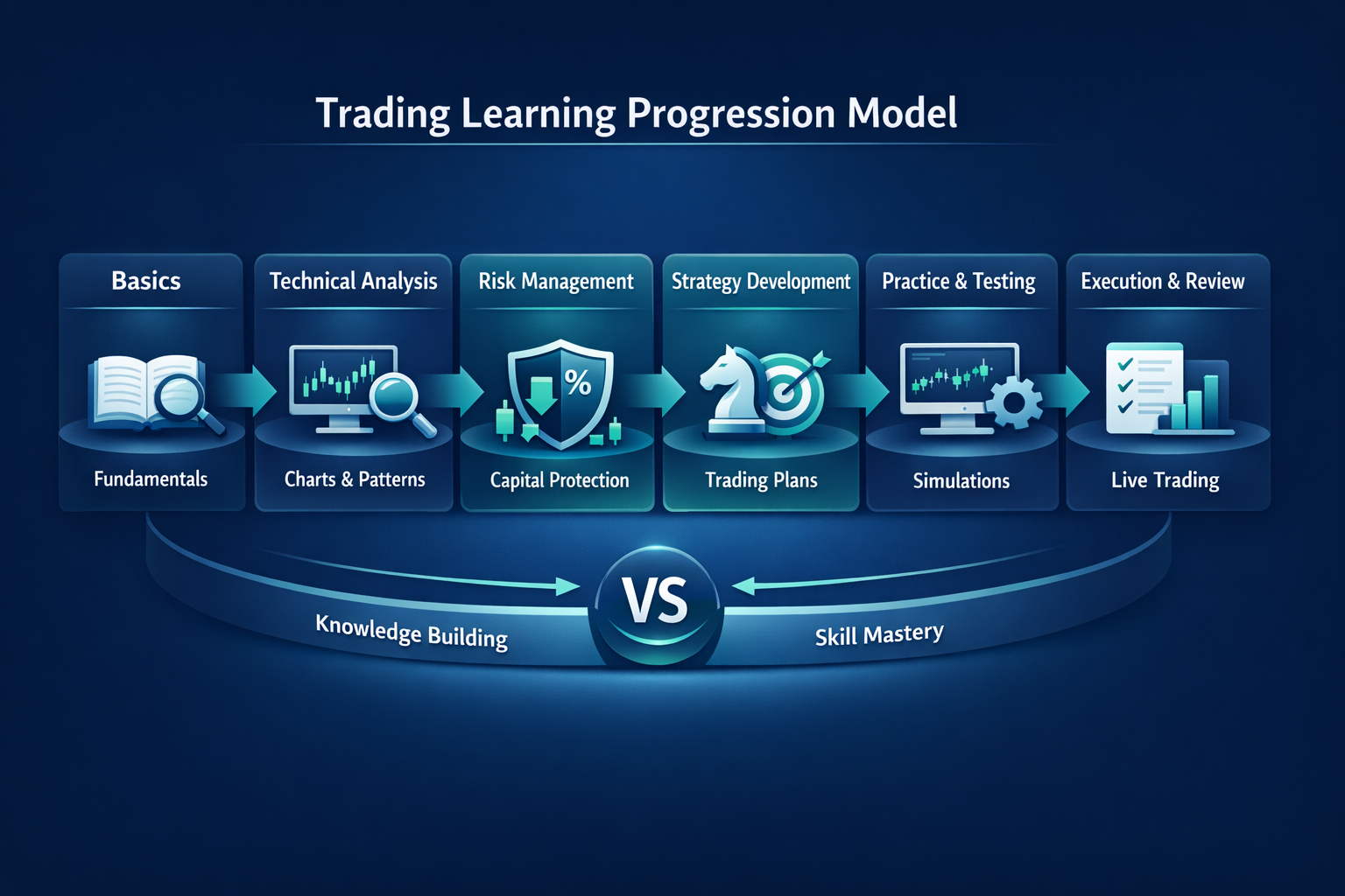 Diagram showing trading steps from basics to live trading with charts, icons, arrows, and labeled progression stages
