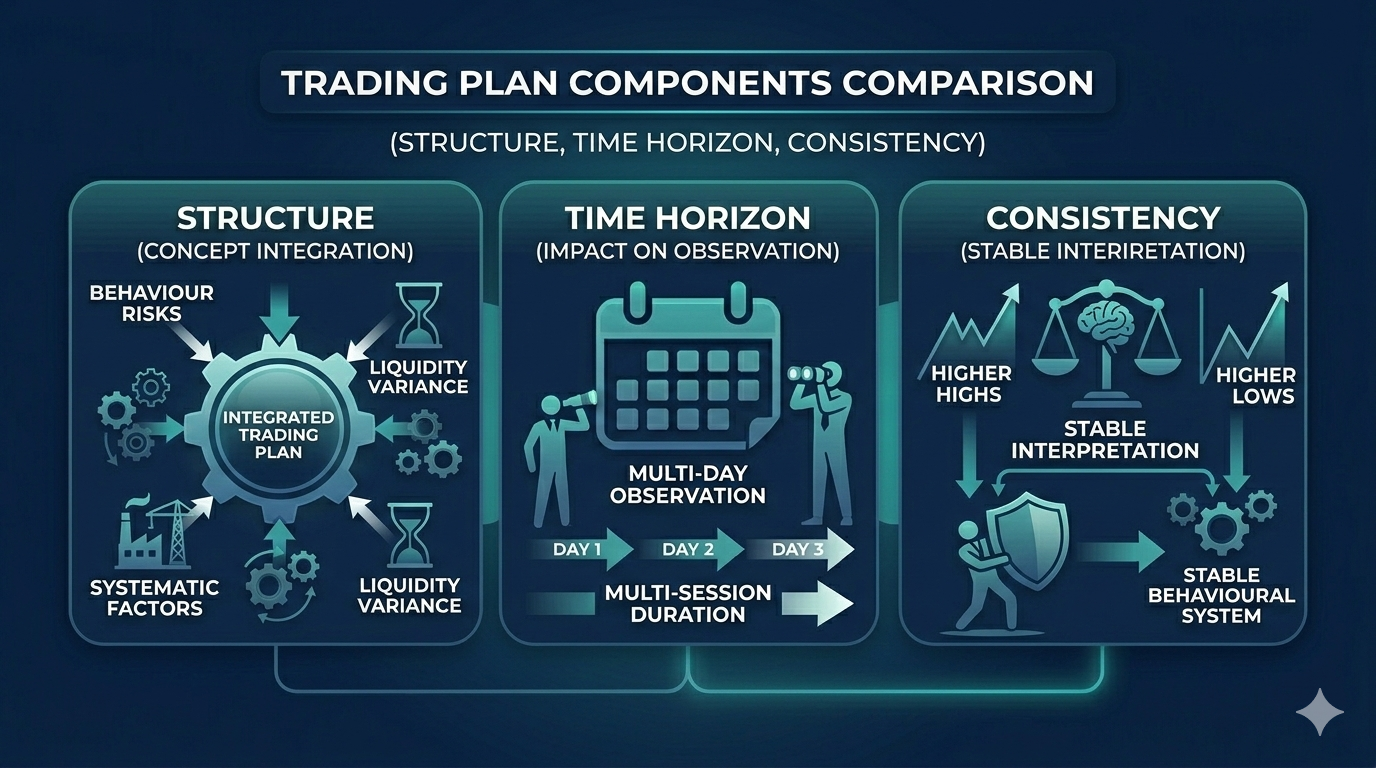 Trading plan components comparison diagram with structure, time horizon, and consistency sections, icons, charts, and process flow arrows