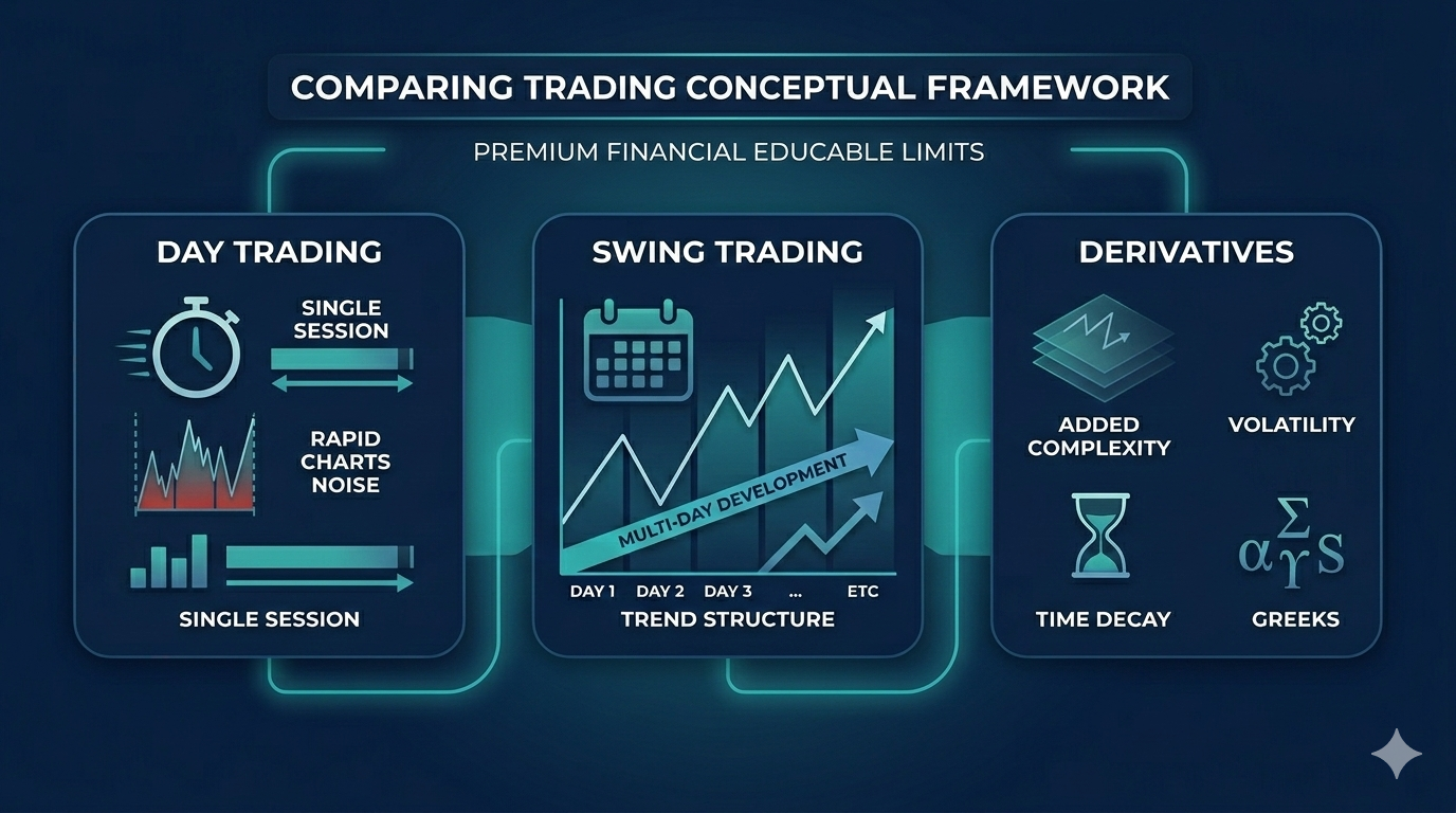 Comparison diagram of day trading, swing trading, and derivatives with charts, time frames, and labeled trading concepts 