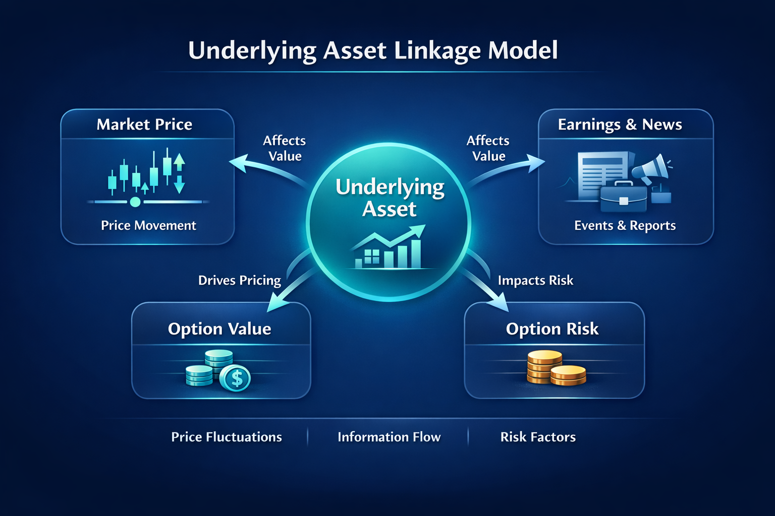Diagram showing underlying asset linked to price chart, news, option value, and option risk with directional arrows