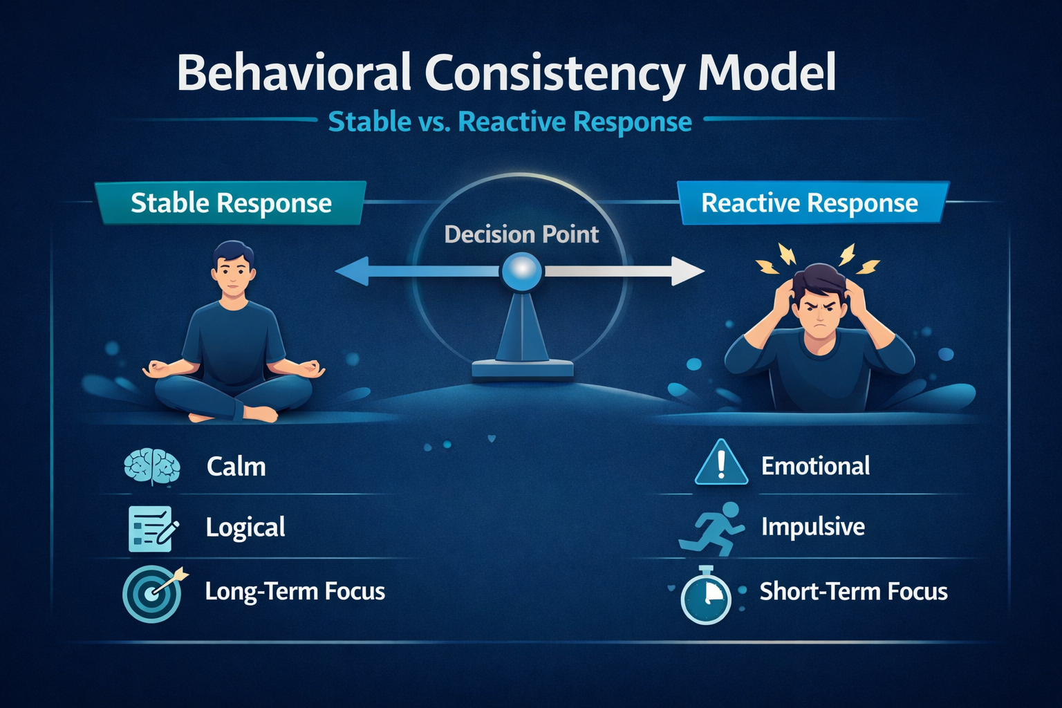 Diagram showing calm person vs stressed person with decision balance, labels for logical and impulsive behaviour 