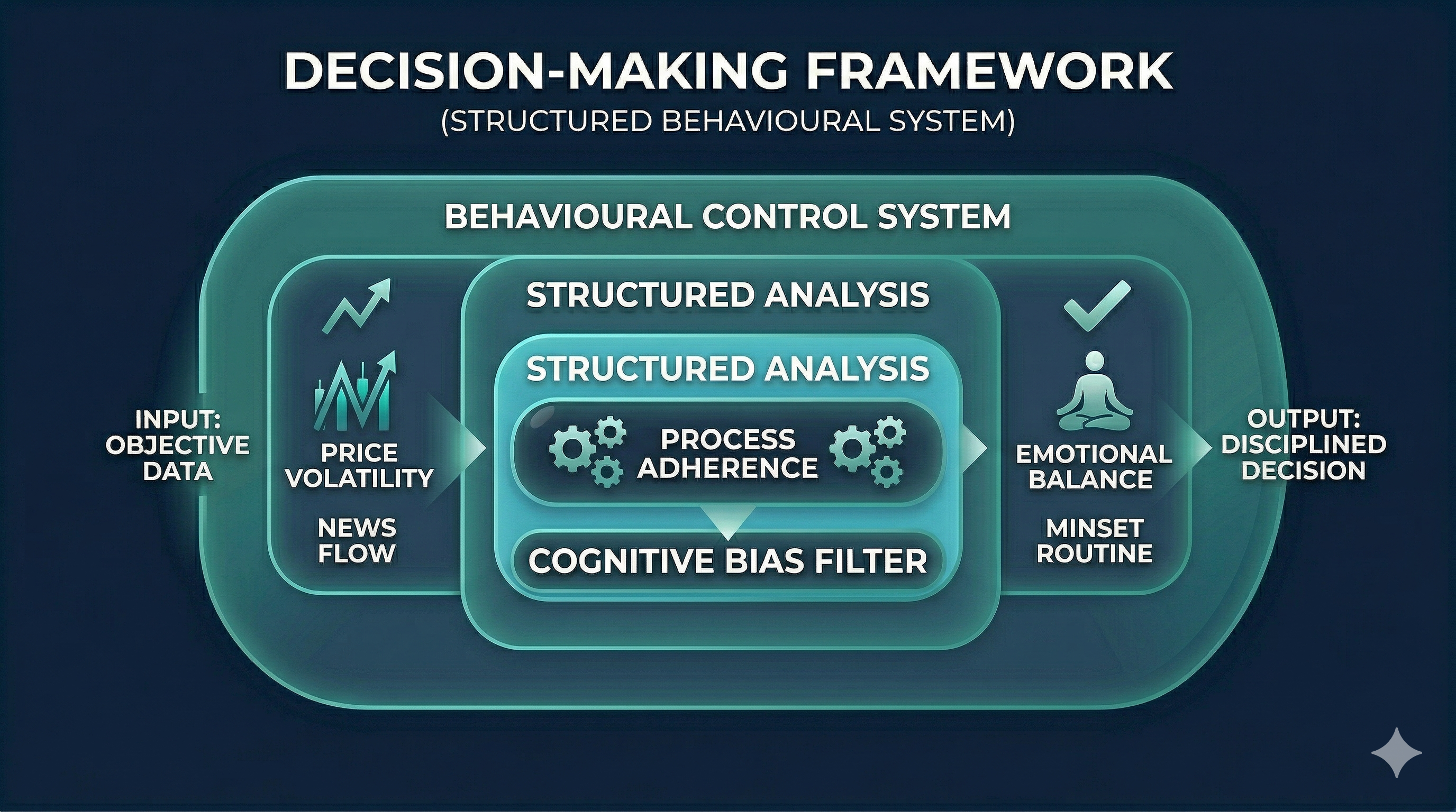 Diagram showing price volatility, news flow, structured analysis, cognitive filter, and disciplined decision output 