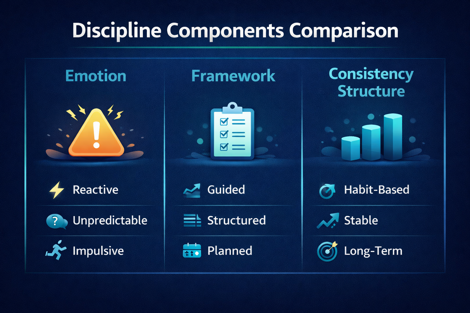 Comparison chart with three columns emotion, framework, and consistency showing icons and labeled behavioural traits 