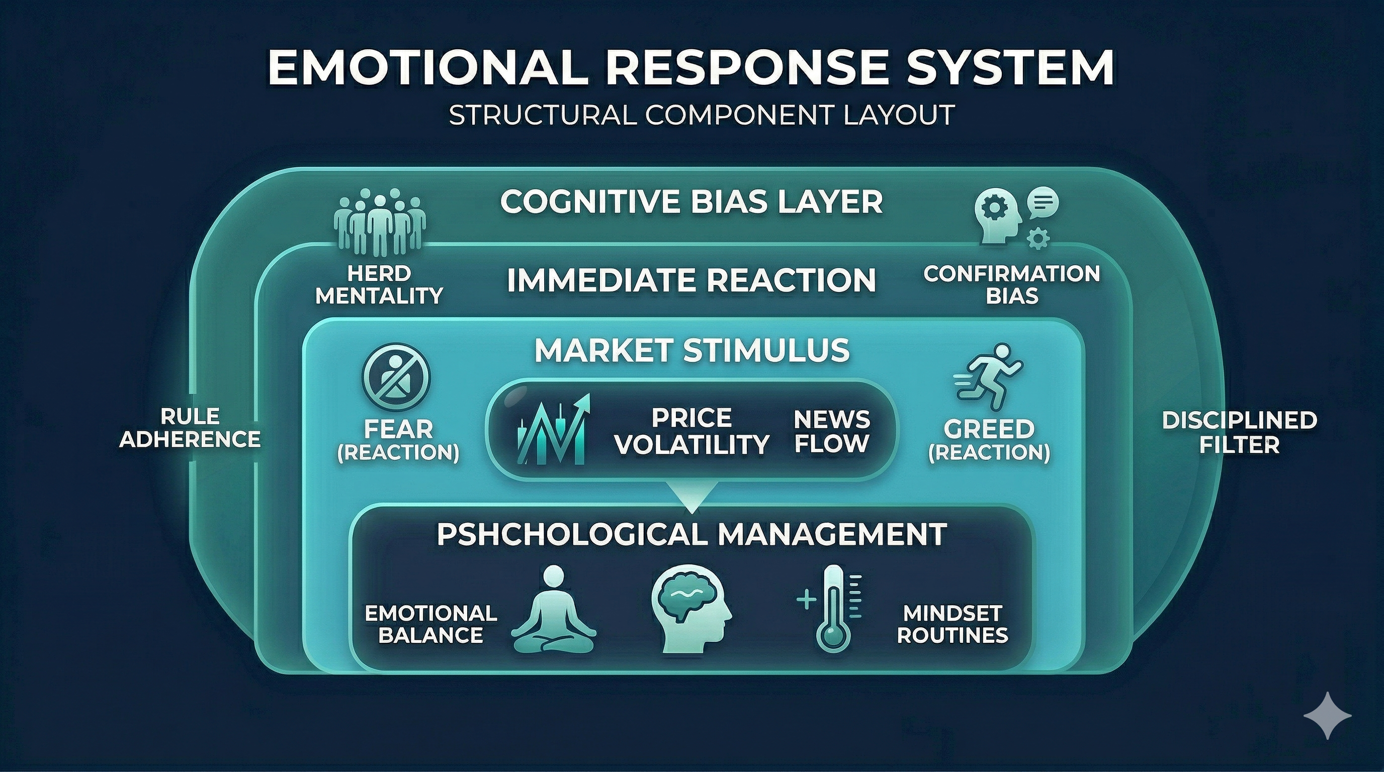 Diagram showing cognitive bias, market stimulus, fear and greed reactions, and psychological control with chart and icons 